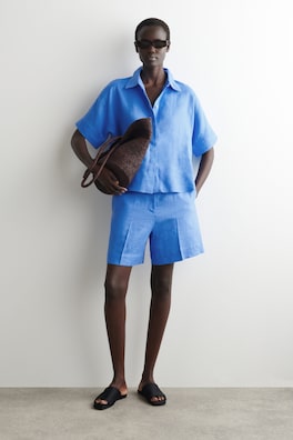 TAILORED ELASTICATED LINEN SHORTS — BLUE 1
