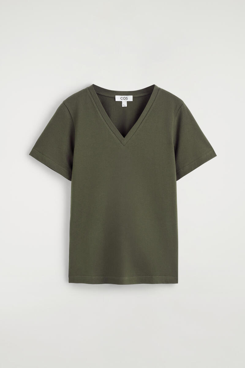 COS Cotton V-Neck T-Shirt Green Women's Extra Small