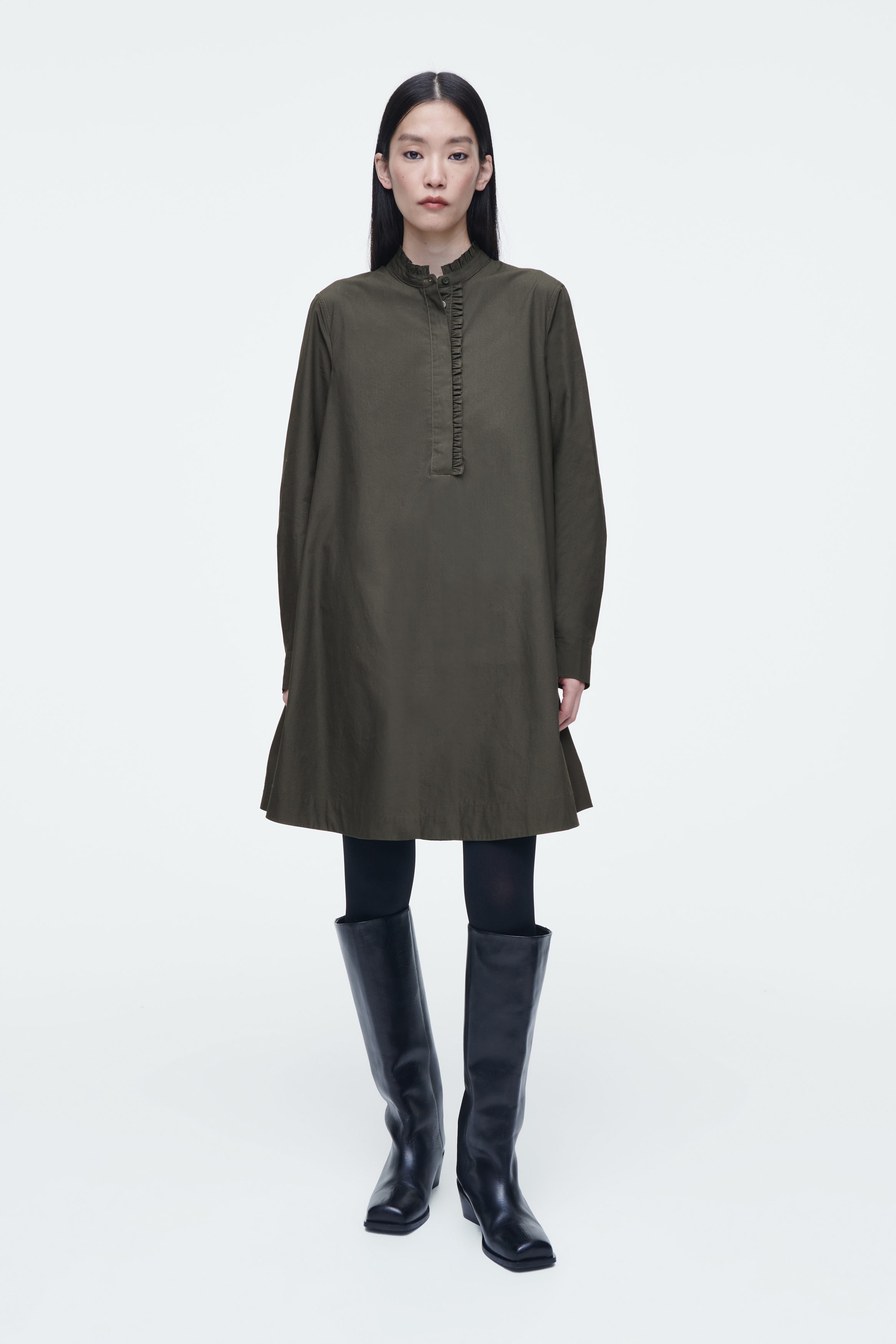 RUFFLED SWING MINI DRESS - DARK KHAKI | COS