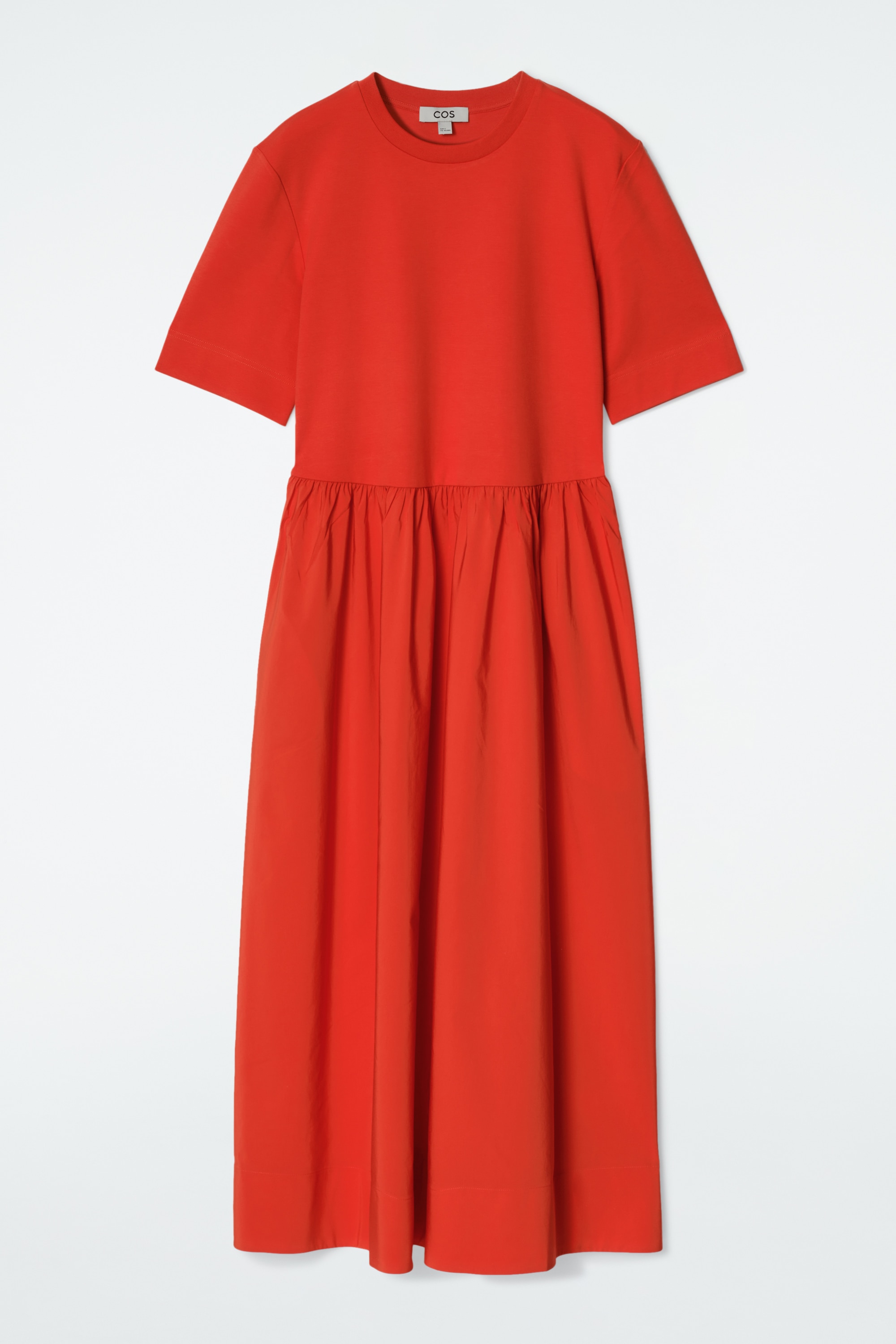 VESTIDO MIDI CON PANELES EN CONTRASTE - ROJO/AZUL MARINO