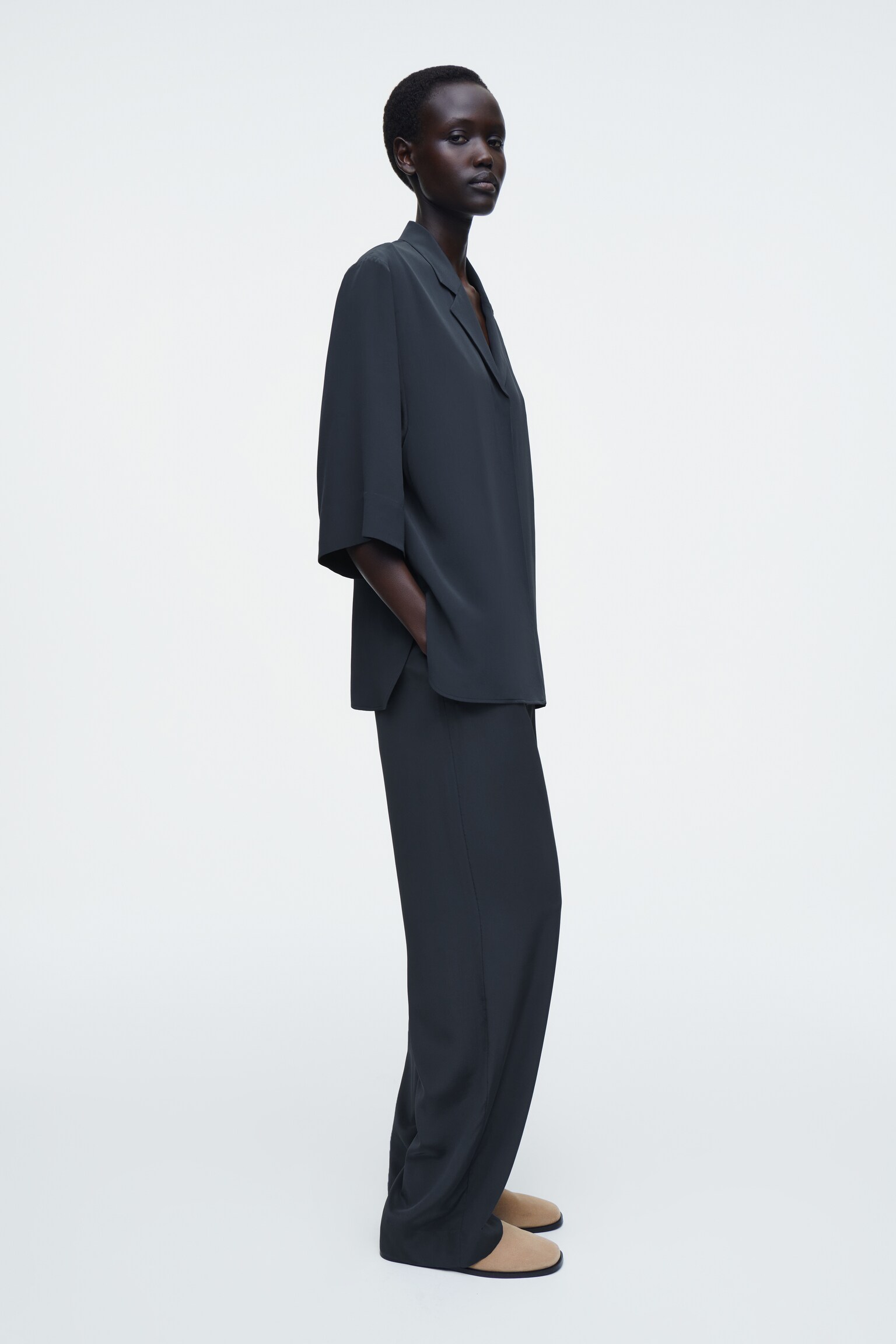 CHEMISE À COL CUBAIN EN SOIE - BLEU MARINE - 6