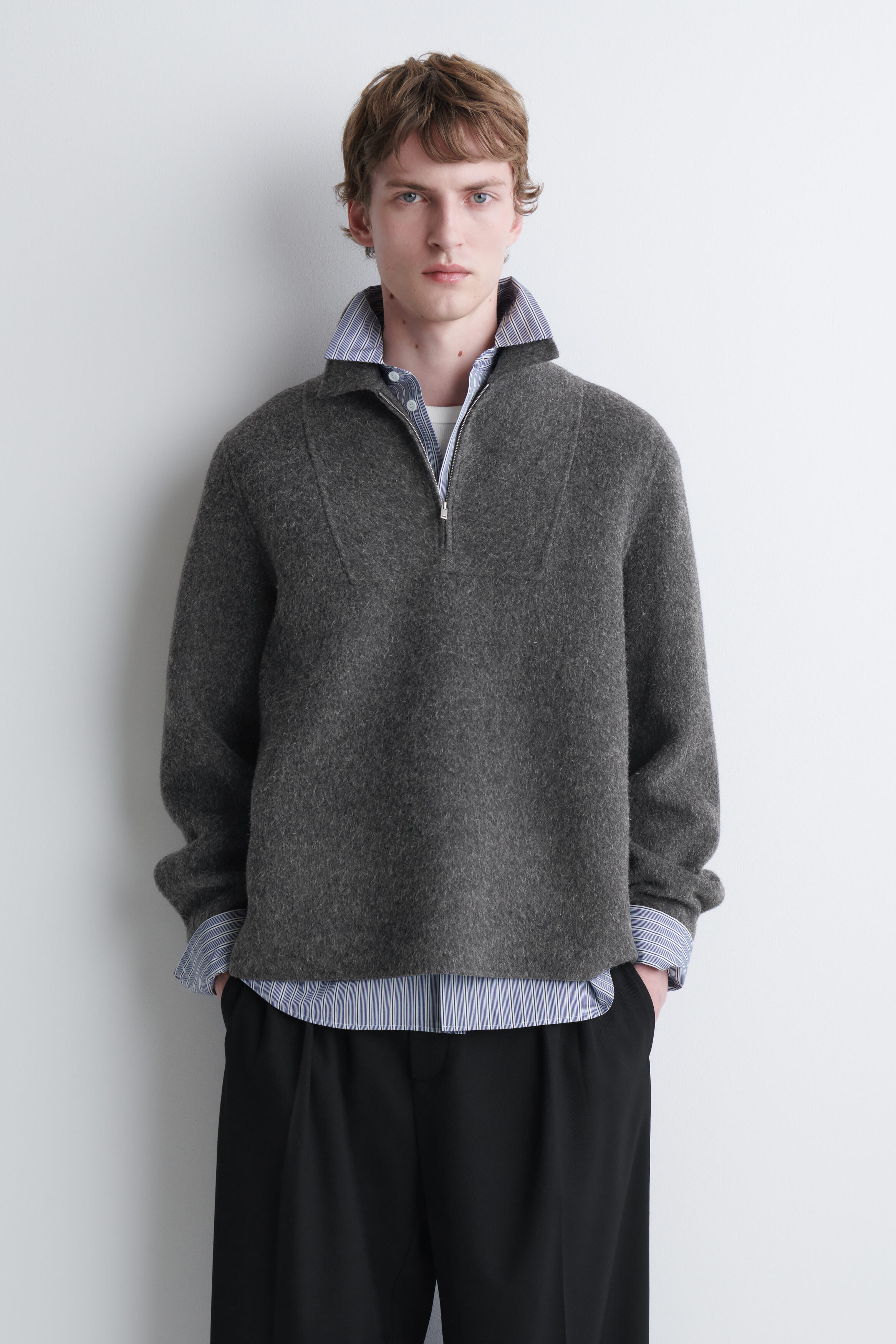 DOUBLE-FACED WOOL-BLEND ZIP-UP OVERSHIRT - GREY MÉLANGE | COS CA