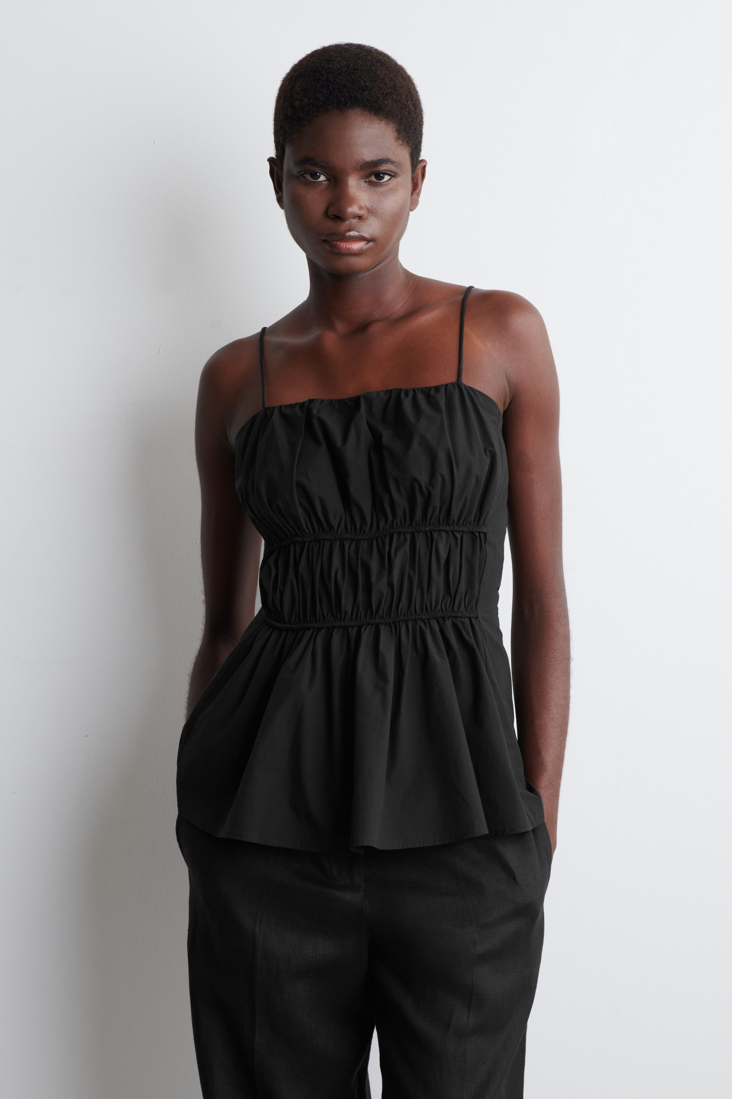GATHERED COTTON PEPLUM TOP - BLACK | COS