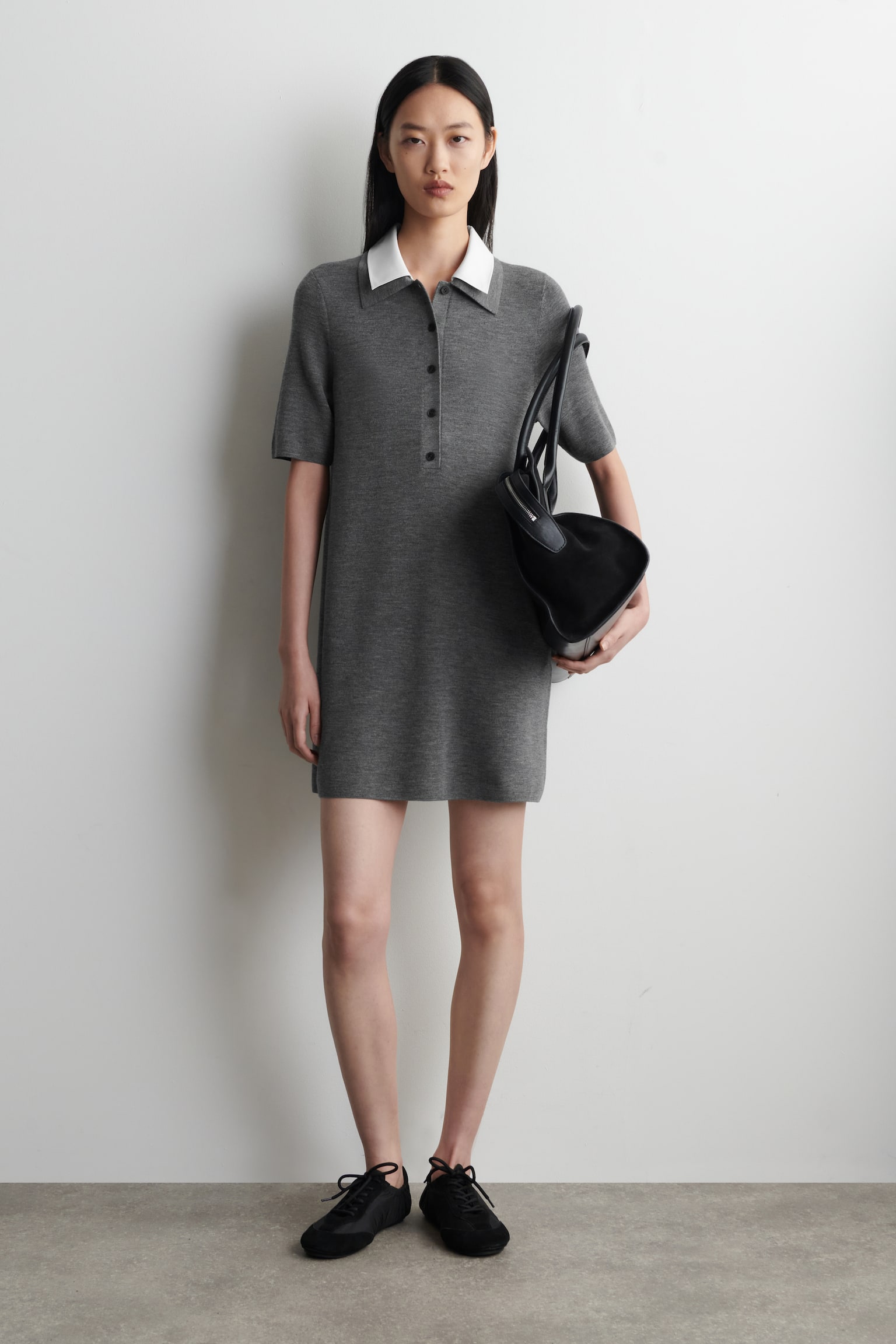 LAYERED-COLLAR MERINO WOOL MINI DRESS - אפור מלנג' - 1