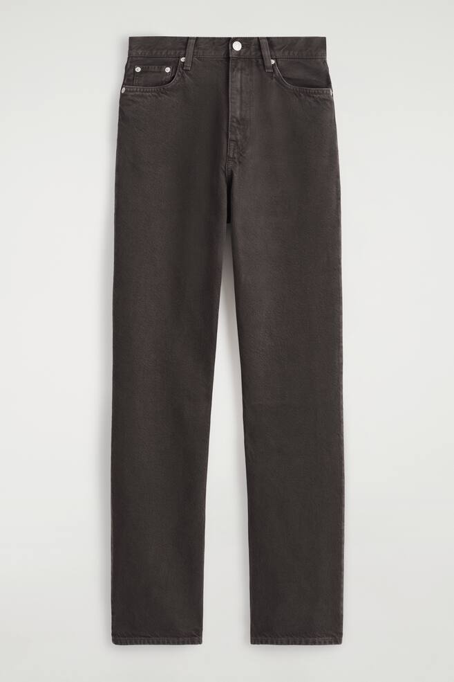 A pair of dark charcoal straight-leg jeans are laid flat, FRONT facing, displaying a button and zip closure, two front pockets with rivets, and visible topstitching along the seams. - 1