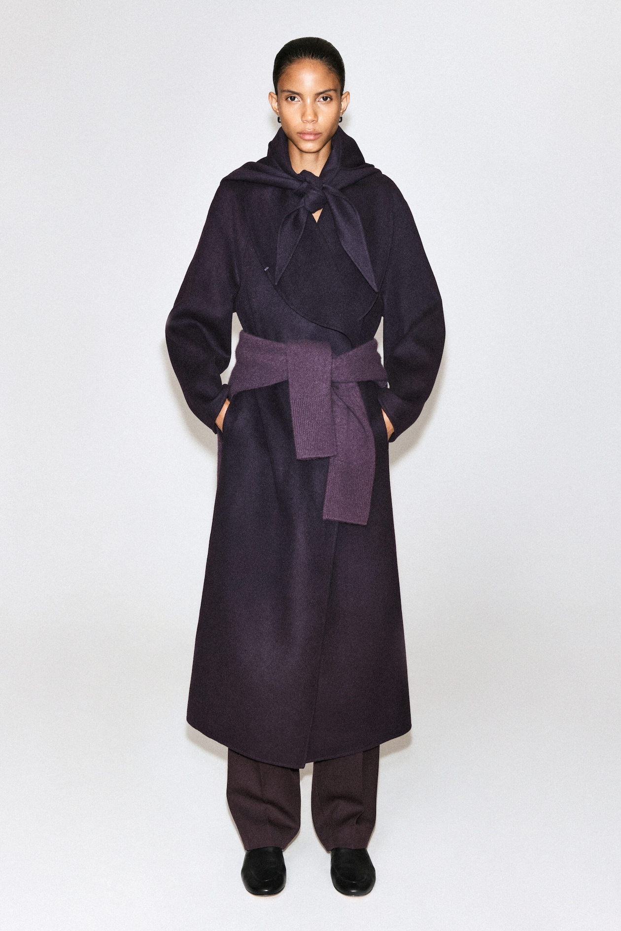 DOUBLE-FACED WOOL SHAWL-COLLAR COAT — EGGPLANT
