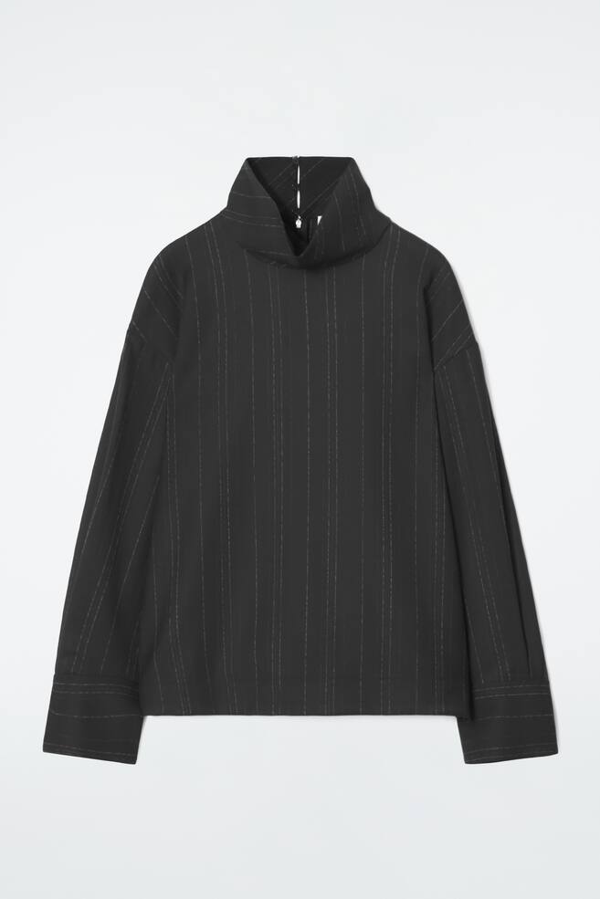 PINSTRIPED FUNNEL-NECK BLOUSE - BLACK / PINSTRIPED - 1