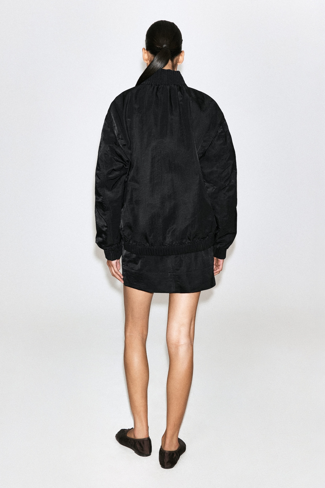 GATHERED NYLON BOMBER JACKET — BLACK