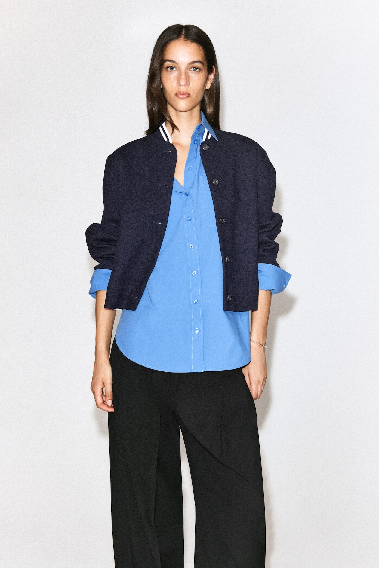 BOILED WOOL-BLEND BOMBER JACKET — NAVY