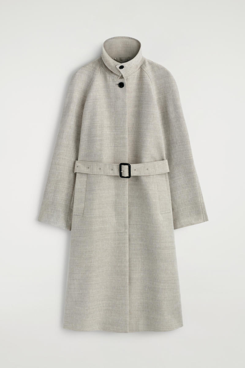 Linen-Wool Long Trench Coat in Beige