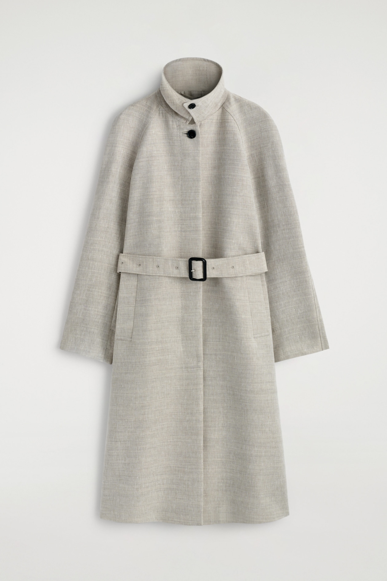 LINEN-WOOL LONG TRENCH COAT — STONE MÉLANGE