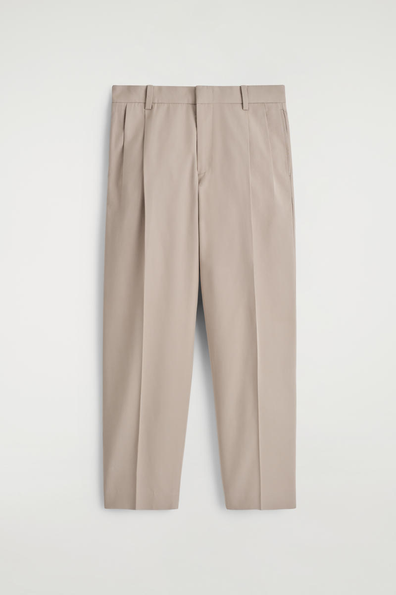 Cotton-Twill Straight-Leg Pleated Trousers in Beige