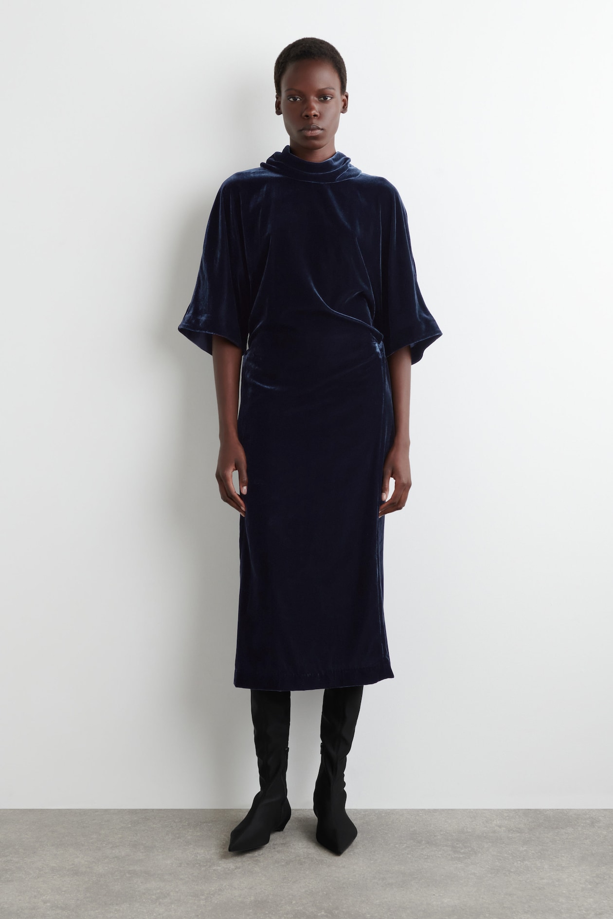 COS Women's Draped-Neck Velvet Midi Dress in Navy | Size: 4 COS Women's Draped-Neck Velvet Midi Dress in Navy | Size: 4