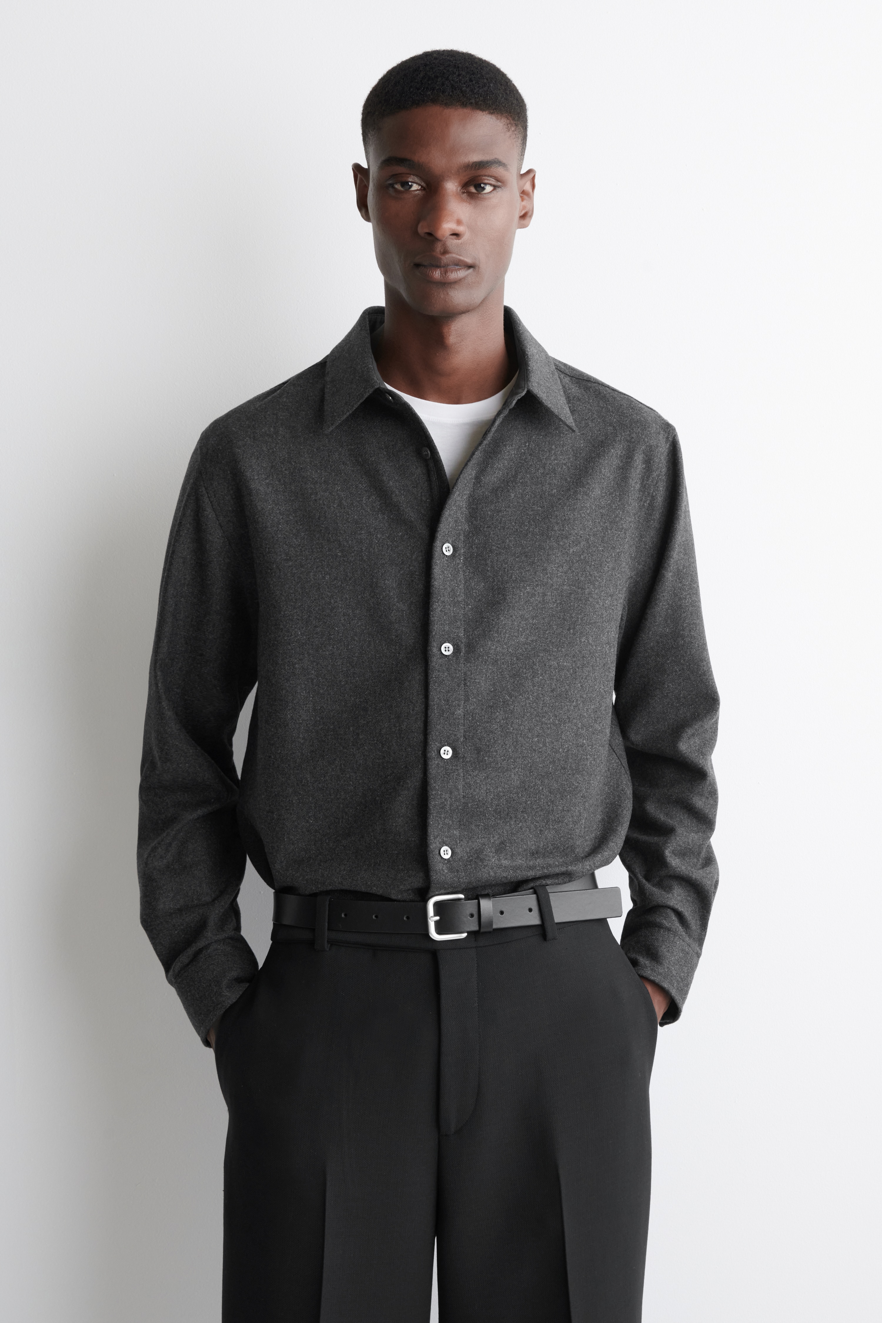 CAMISA DE FRANELA DE LANA RELAXED FIT - GRIS MARENGO JASPEADO/NEGRO/A CUADROS