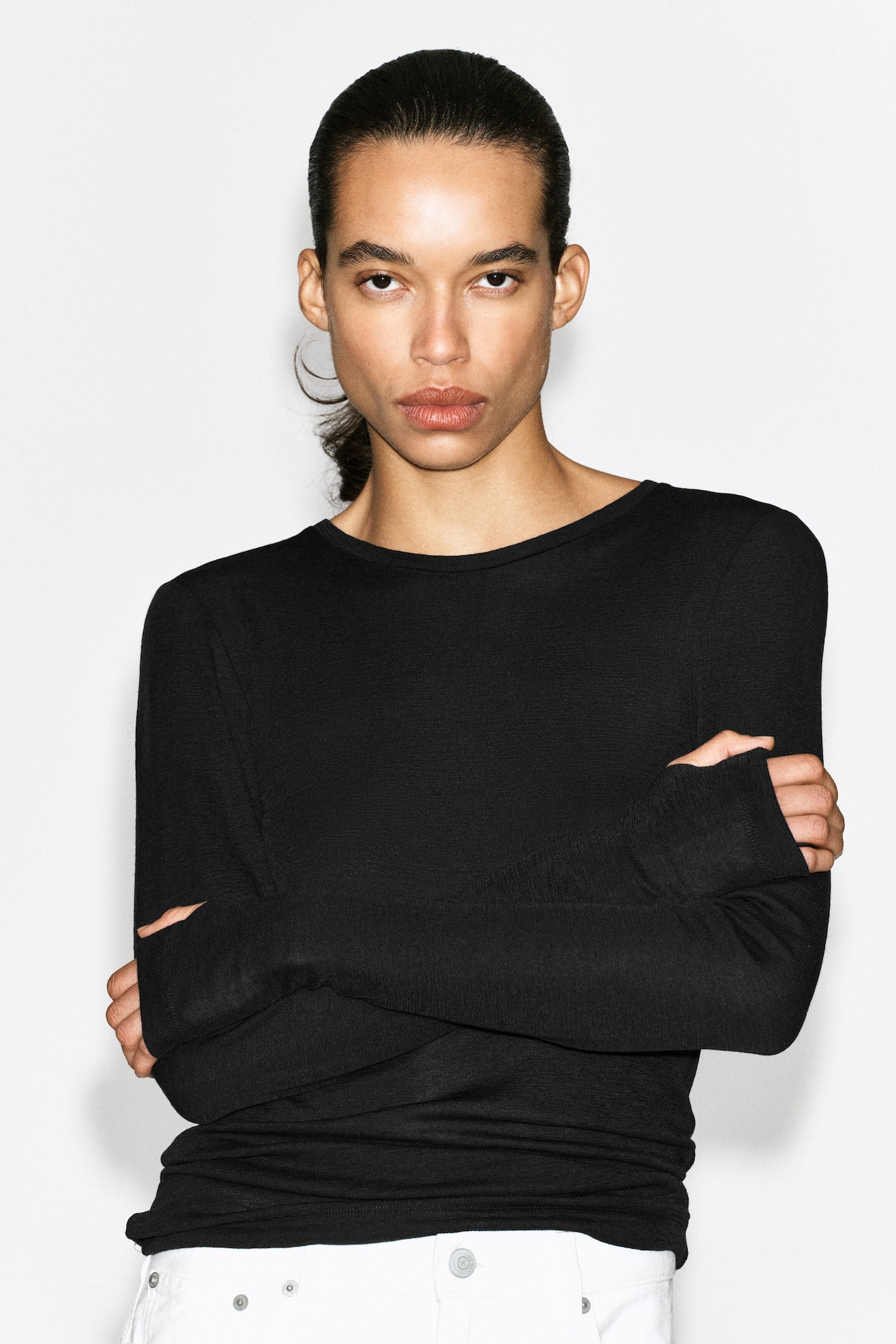 COTTON LONG-SLEEVED TOP — BLACK
