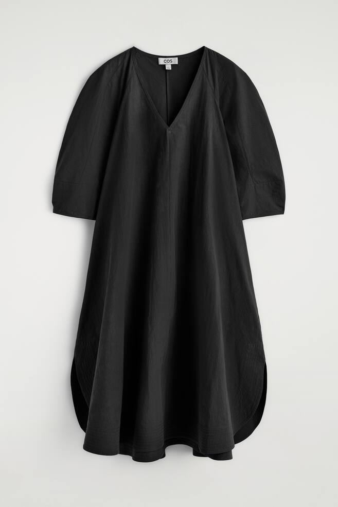 ROUNDED V-NECK COTTON MIDI DRESS - ČIERNA - 1