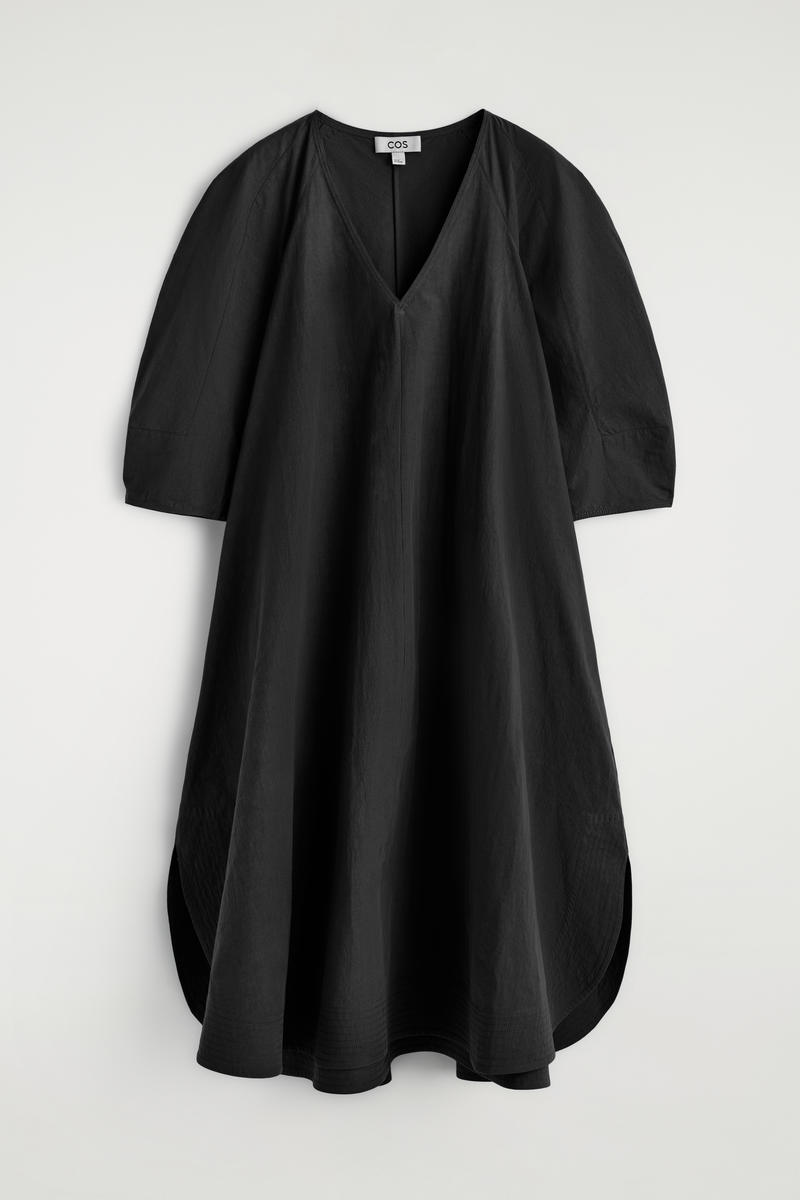 Rounded V-Neck Cotton Midi Dress
