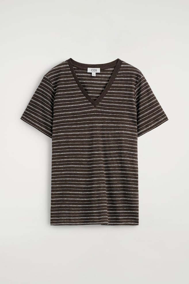 T-shirt em linho com decote em V - Castanho / Branco / Listrado/MARFIM/PRETO/Rosa mesclado - 1