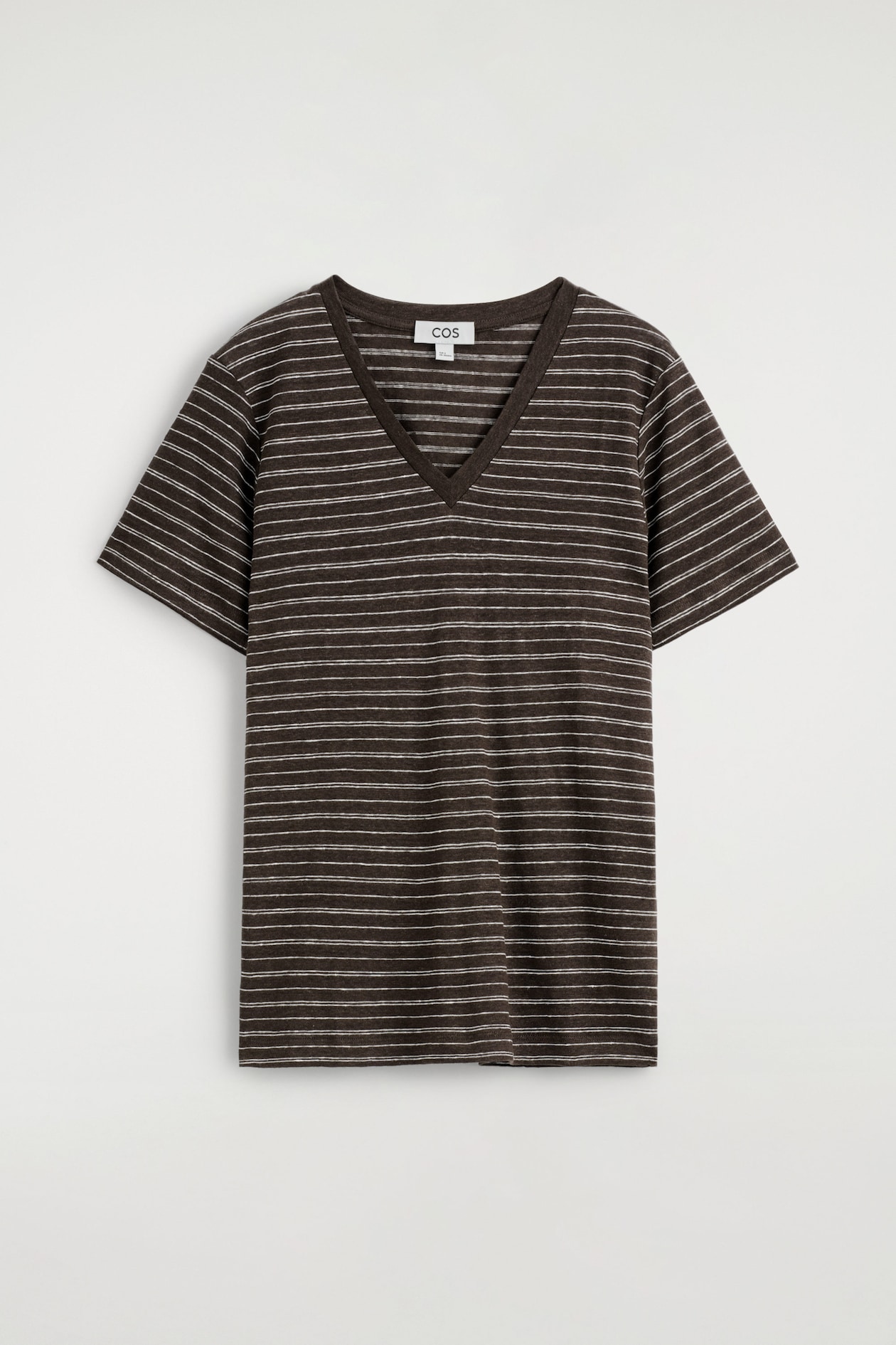 V-NECK LINEN T-SHIRT — BROWN / WHITE / STRIPED