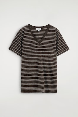 V-NECK LINEN T-SHIRT — BROWN / WHITE / STRIPED 6