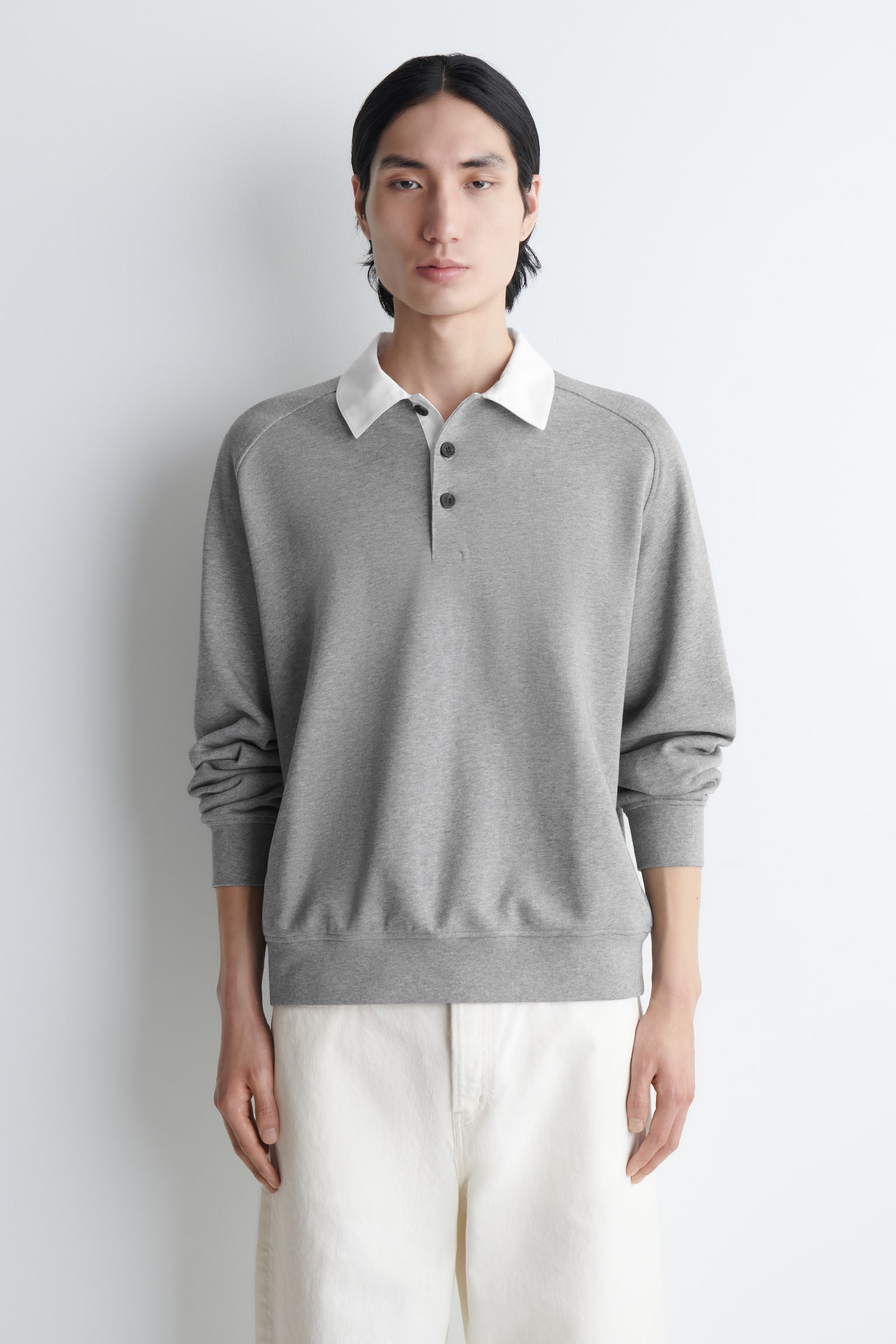 CONTRAST-COLLAR JERSEY POLO SHIRT - אפור מלנג' - 1