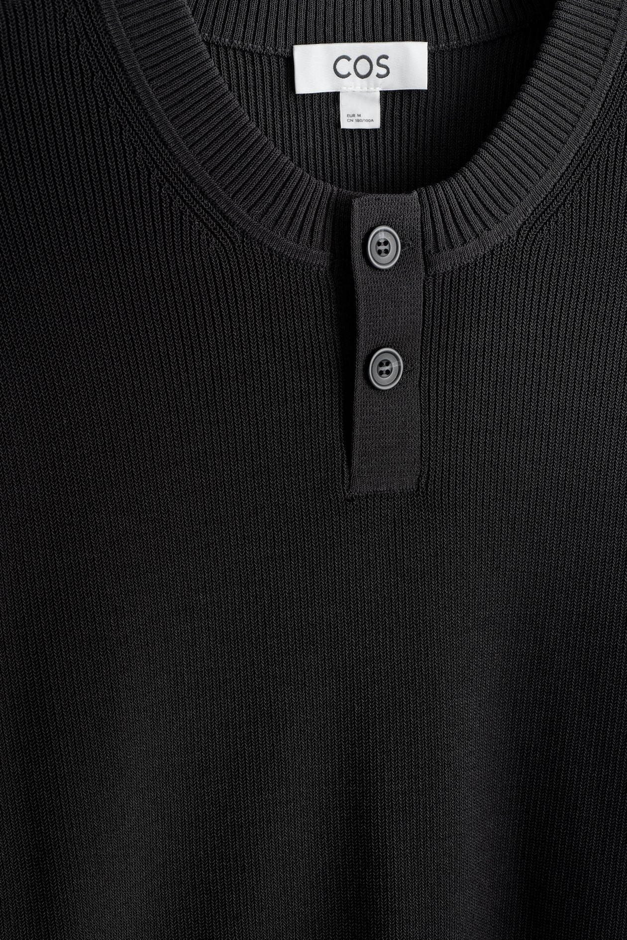 KNITTED COTTON HENLEY JUMPER — BLACK