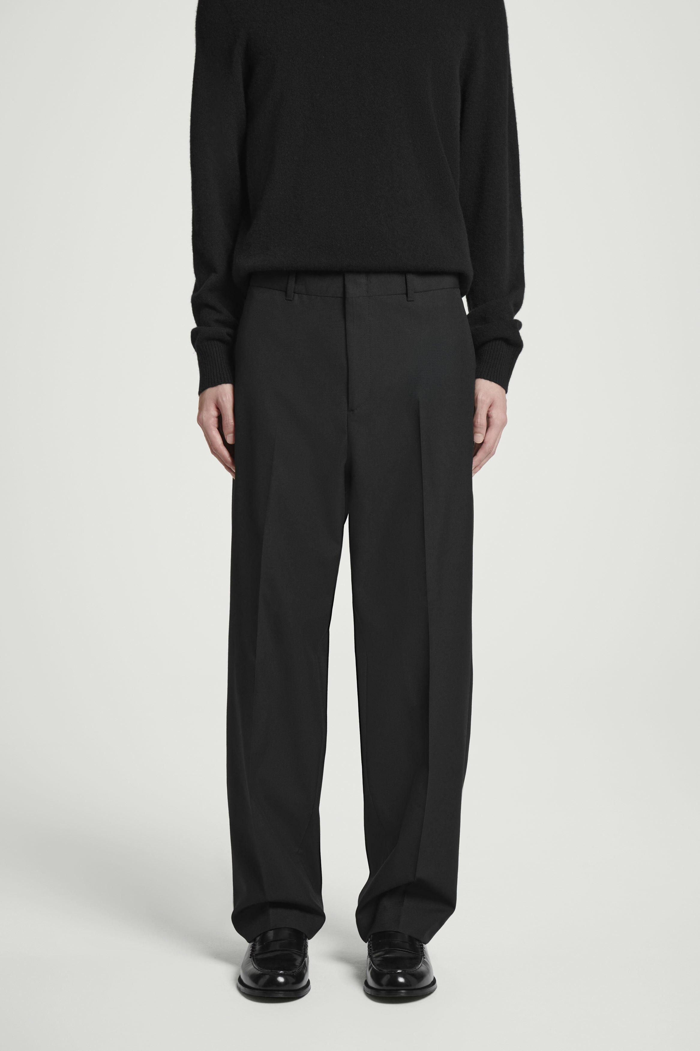 RELAXED WOOL-HOPSACK STRAIGHT-LEG TROUSERS - BLACK | COS
