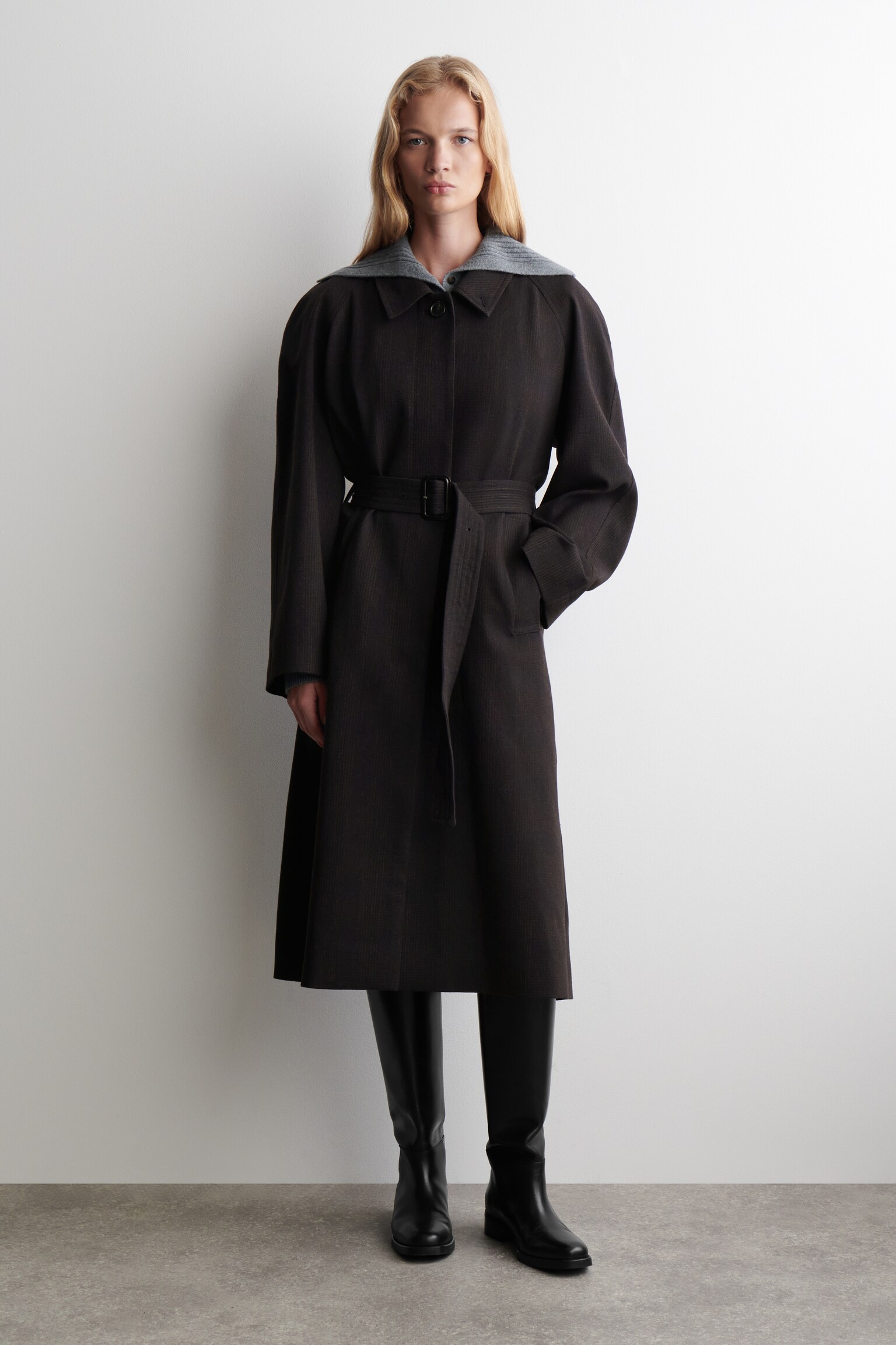 TRENCH IN MISTO LANA - MARRONE SCURO / QUADRI/BLU NAVY - 1