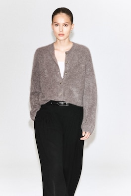 BRUSHED PURE CASHMERE CREW-NECK CARDIGAN — DARK BEIGE 1