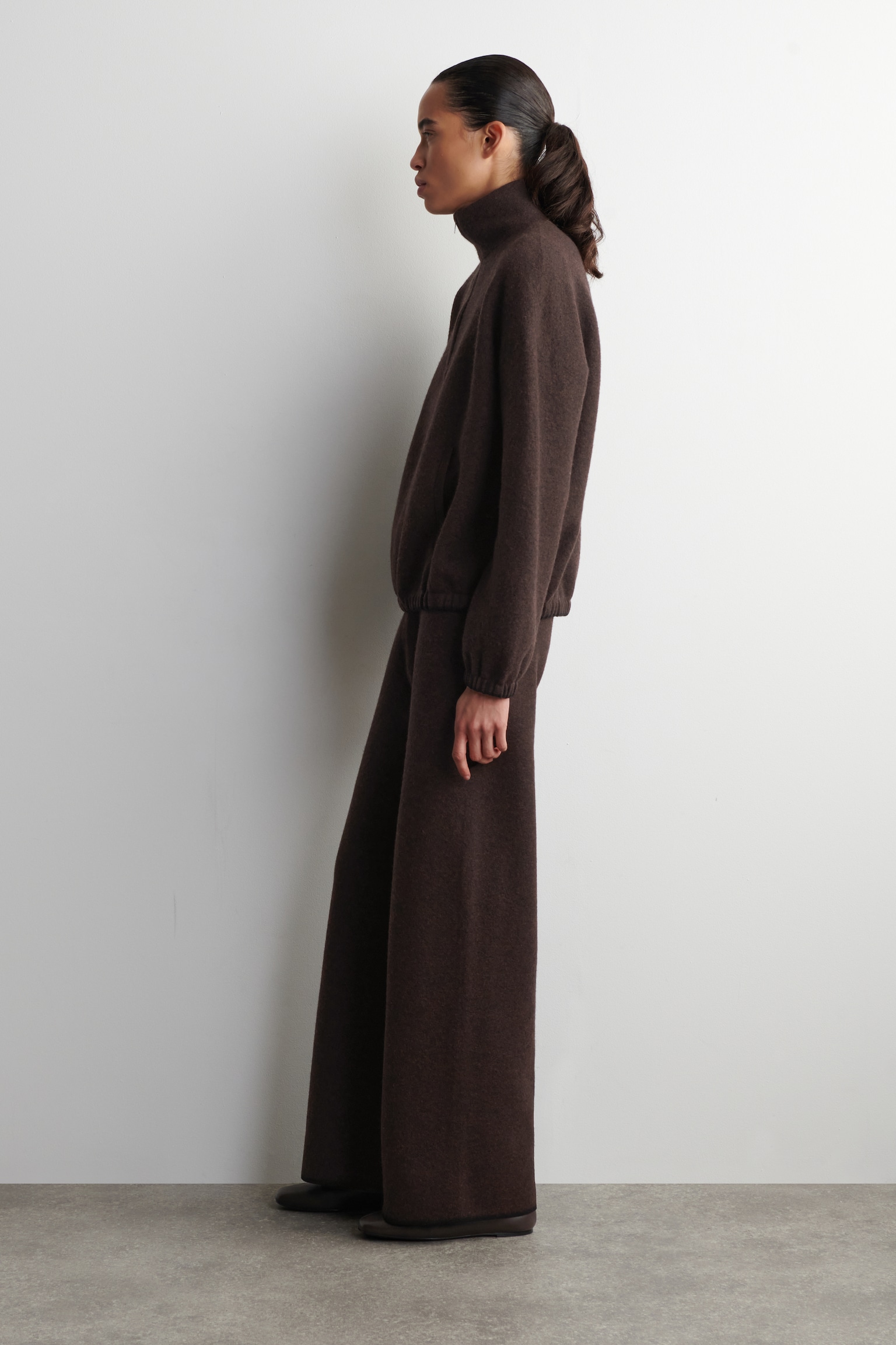 BOILED MERINO WOOL WIDE-LEG TROUSERS - BROWN MÉLANGE - 6