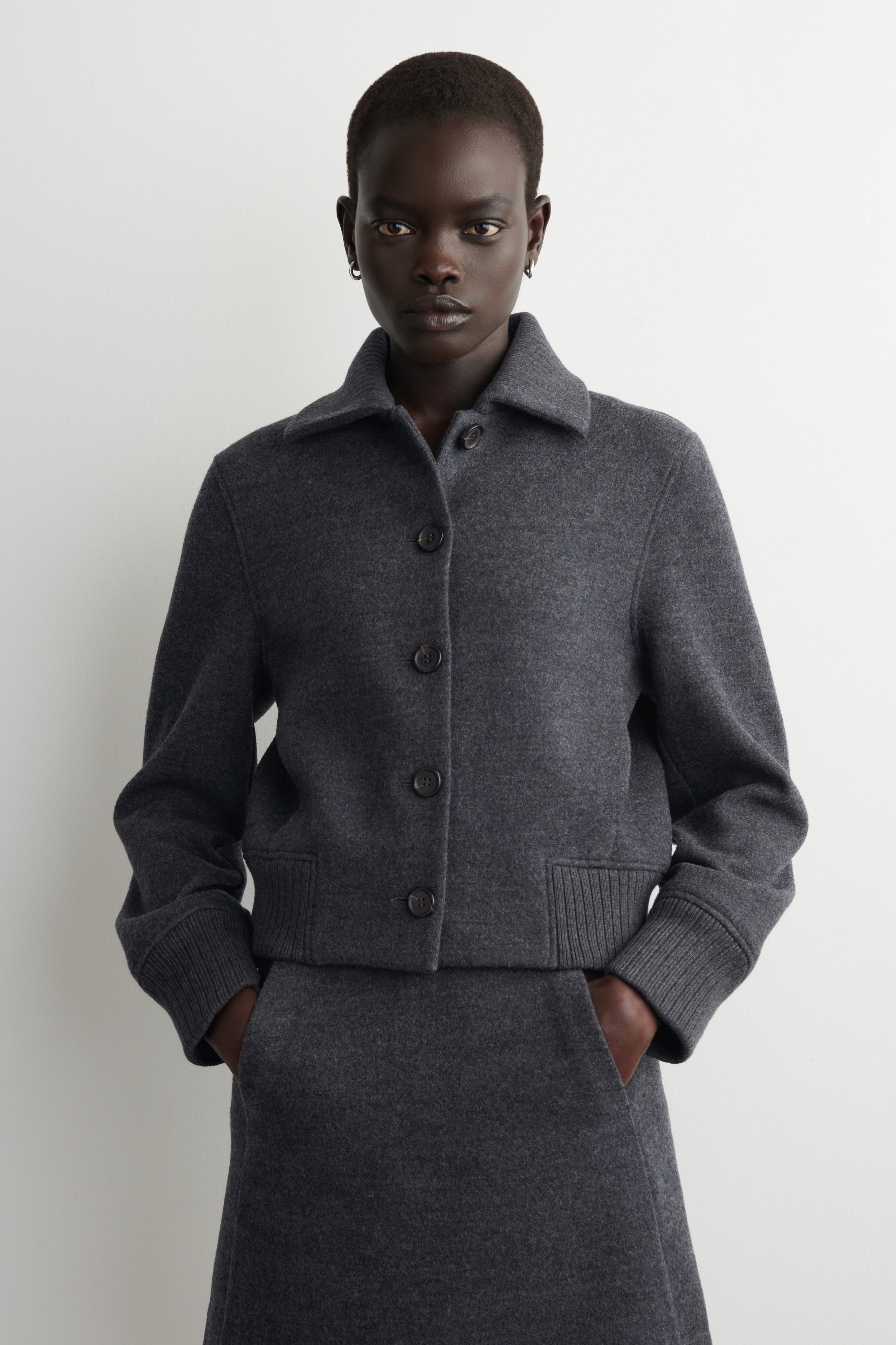 RIBBED-COLLAR BOILED MERINO WOOL JACKET - DARK GRAY | COS US