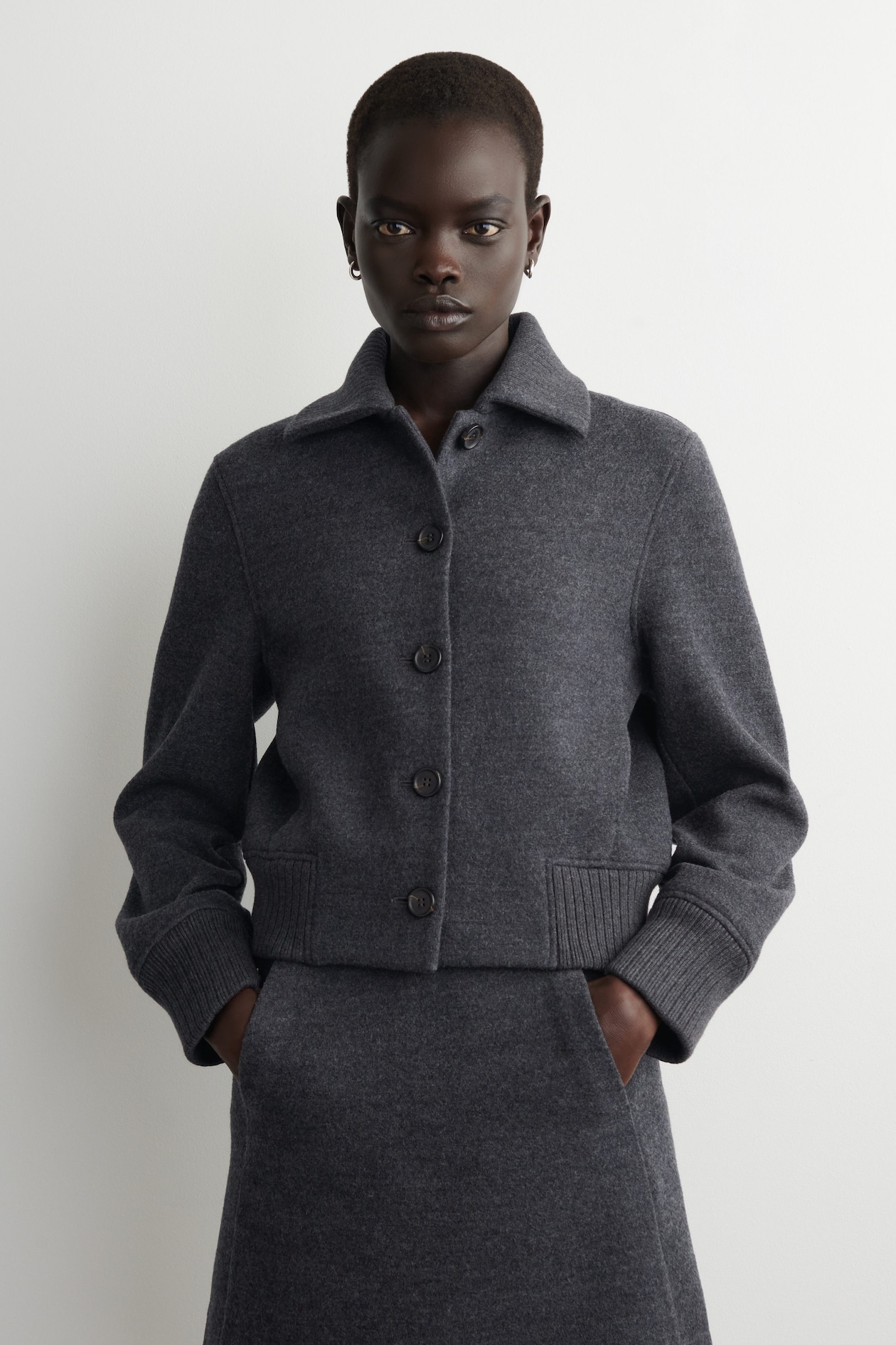 RIBBED-COLLAR BOILED MERINO WOOL JACKET — DARK GREY
