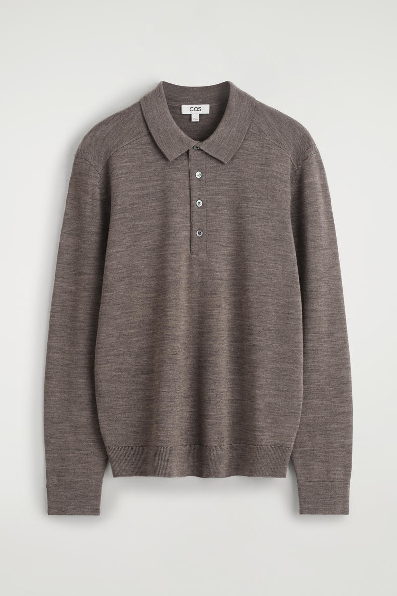 Cos Knitted Merino Wool Polo Shirt In Brown In Brown