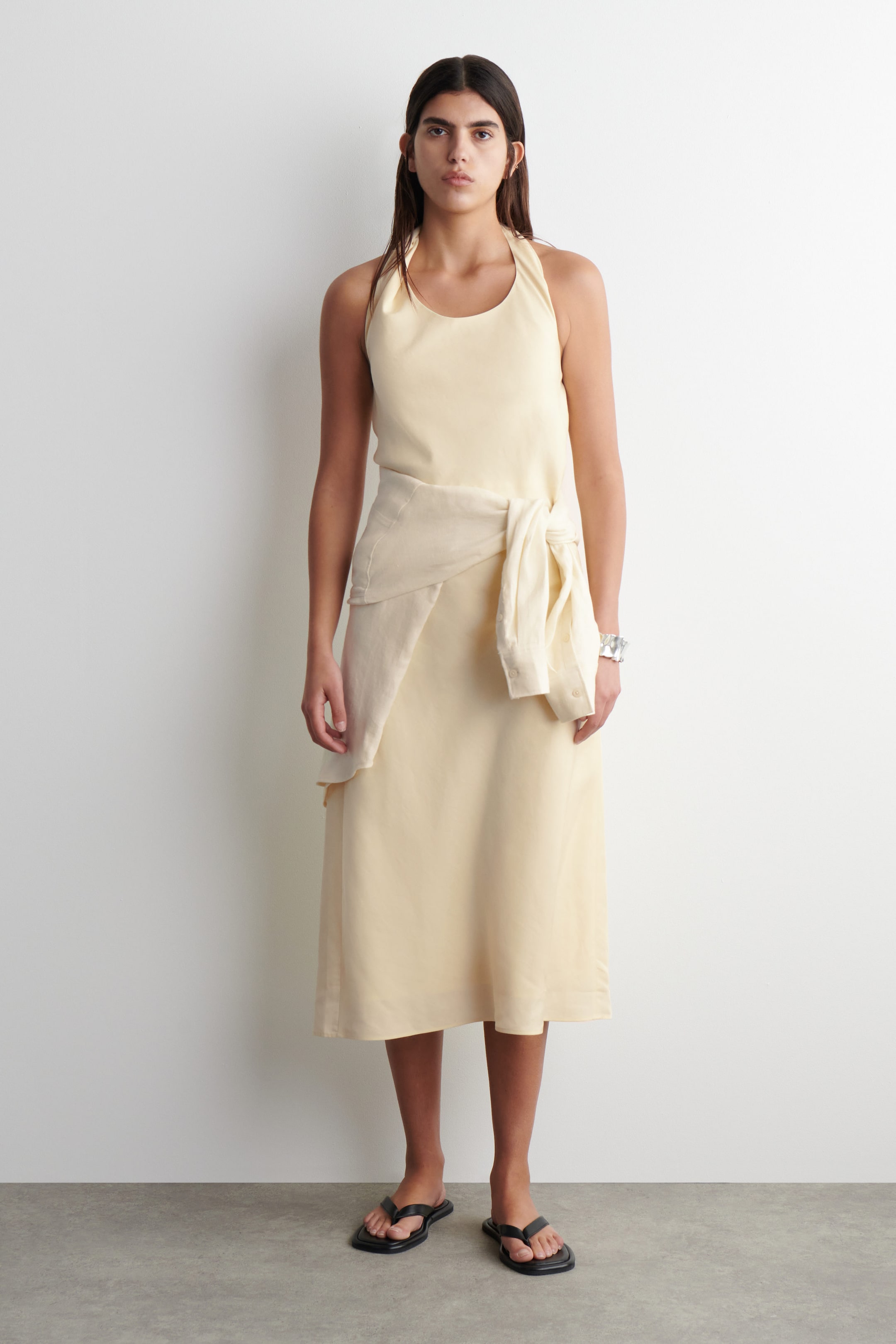 TWISTED LINEN-BLEND HALTERNECK DRESS