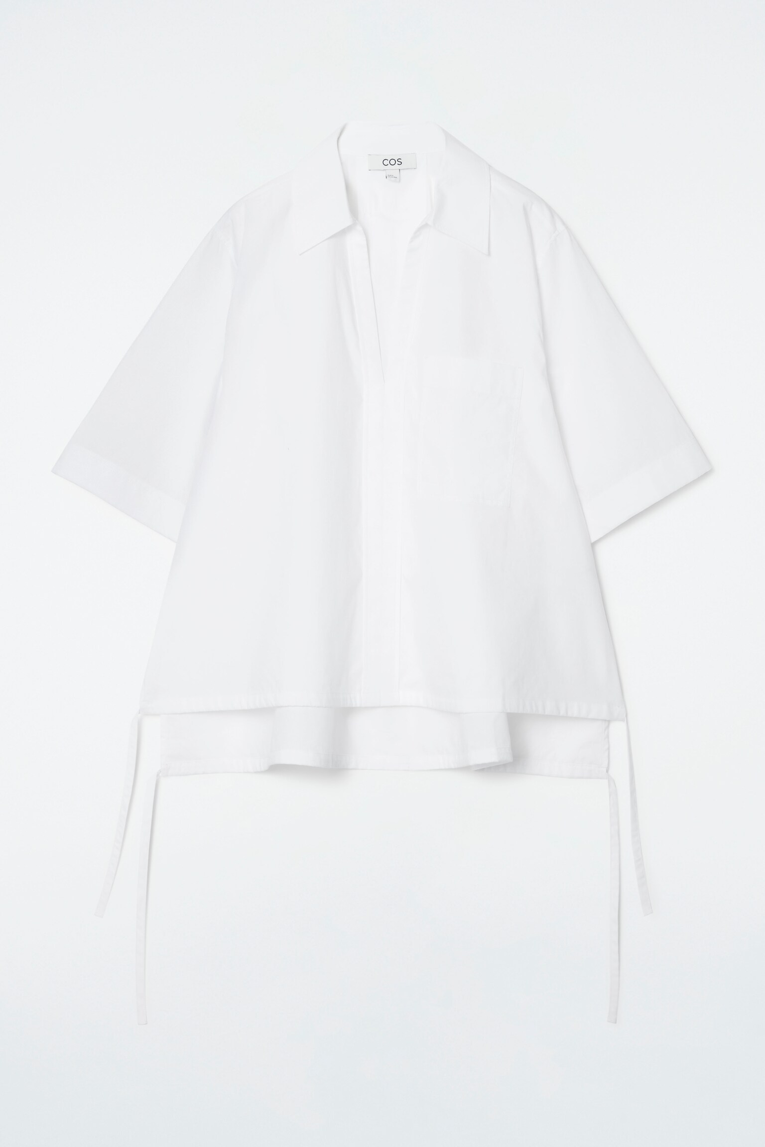 OPEN-COLLAR DRAWSTRING BLOUSE - WHITE/BROWN / STRIPED