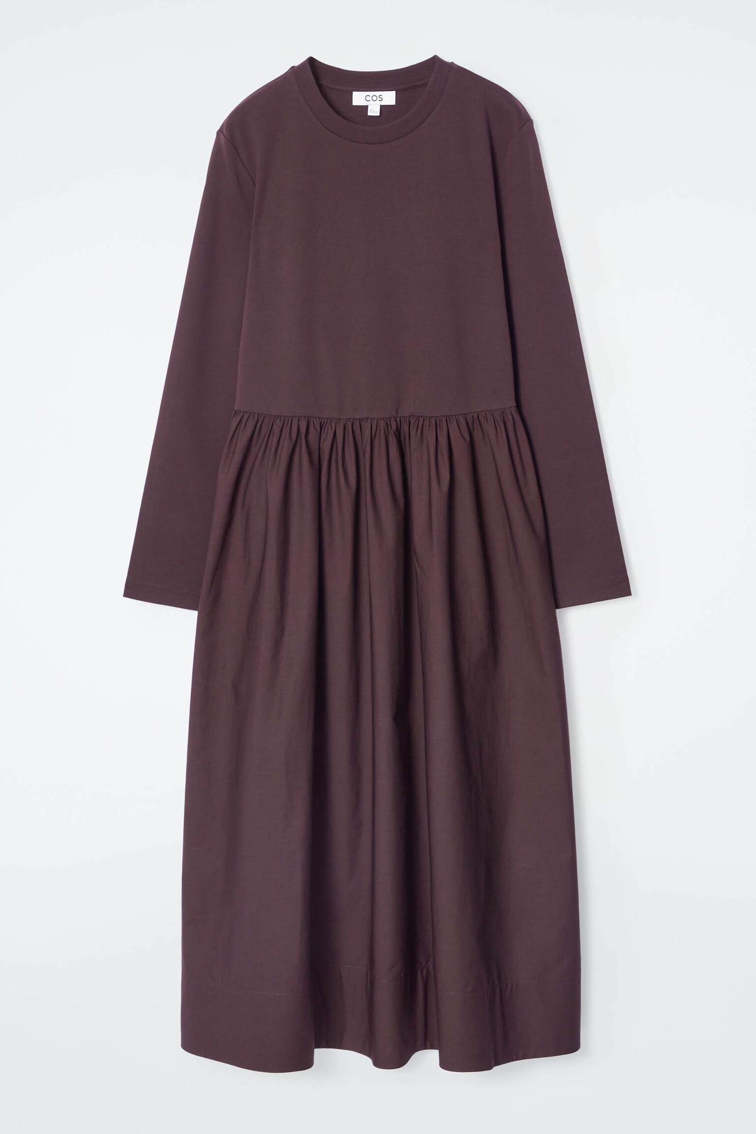 CONTRAST-PANEL LONG-SLEEVED MIDI DRESS - BURGUNDY/BLACK