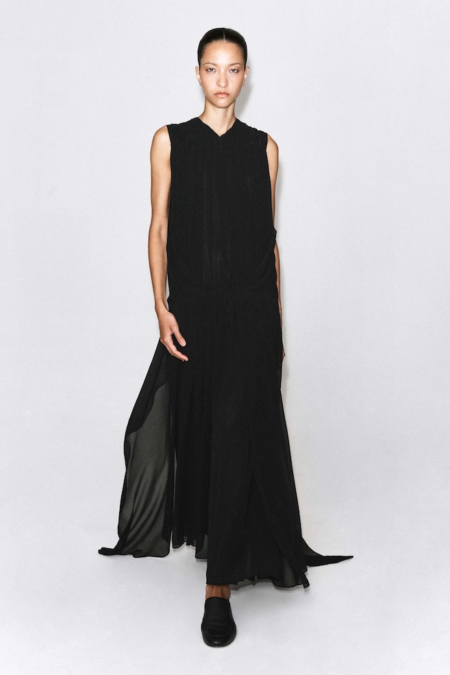 DRAPED GATHERED CHIFFON MAXI DRESS — CARBON