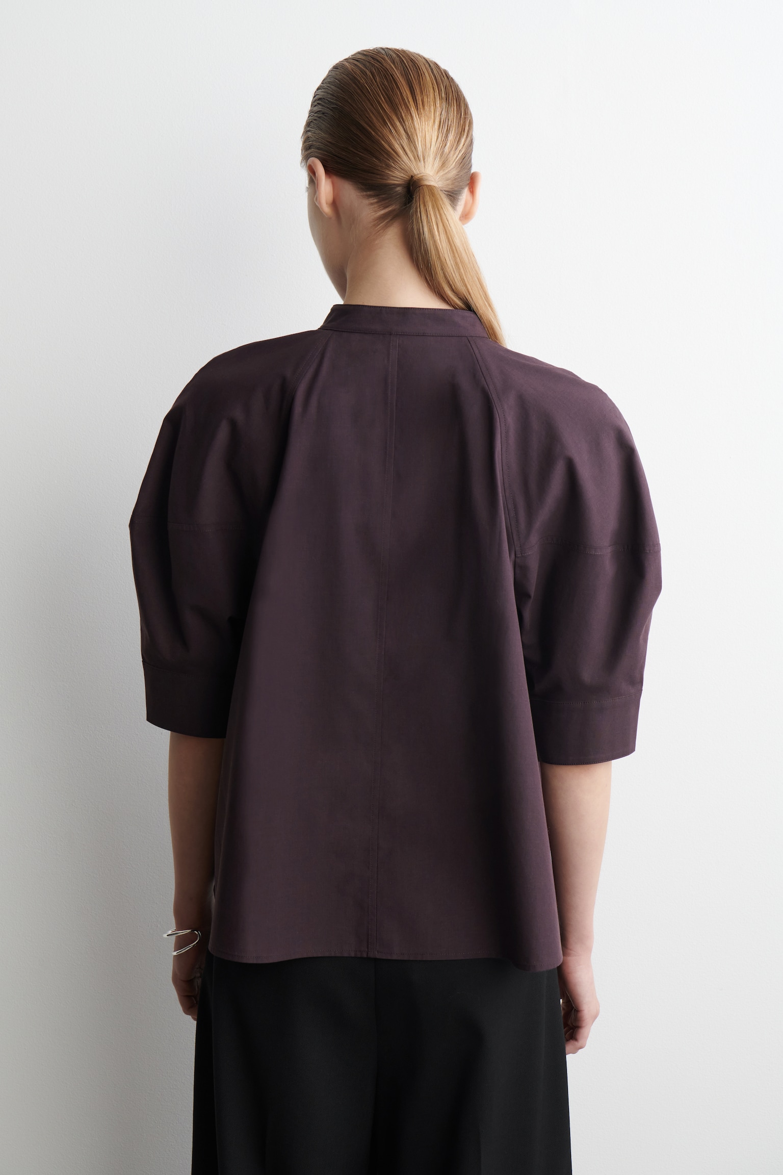 PUFF-SLEEVE COTTON BLOUSE - PLUM/LIGHT TURQUOISE - 6