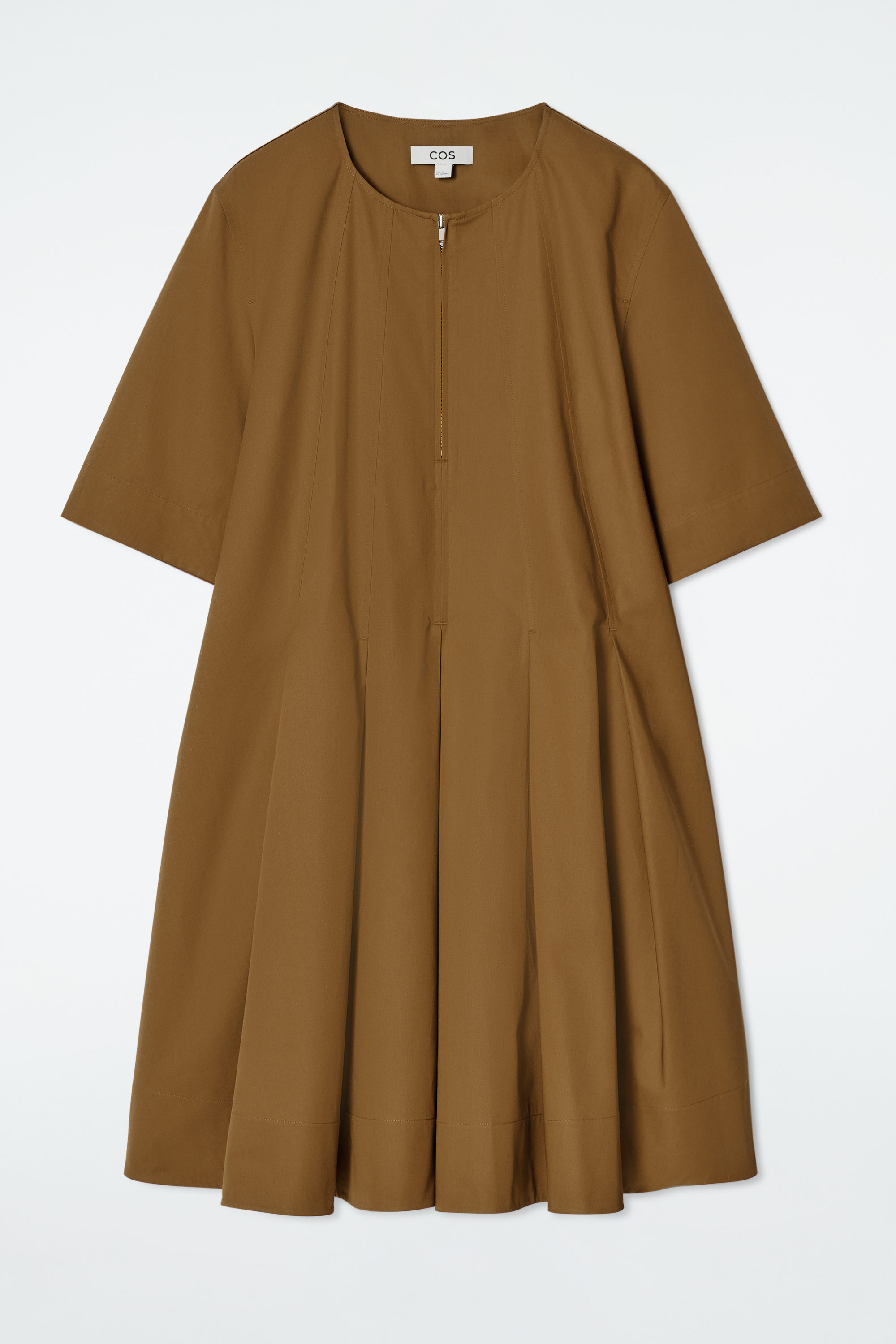 cos pleated zip up cotton mini dress PLEATED ZIP UP COTTON MINI DRESS - DARK BROWN