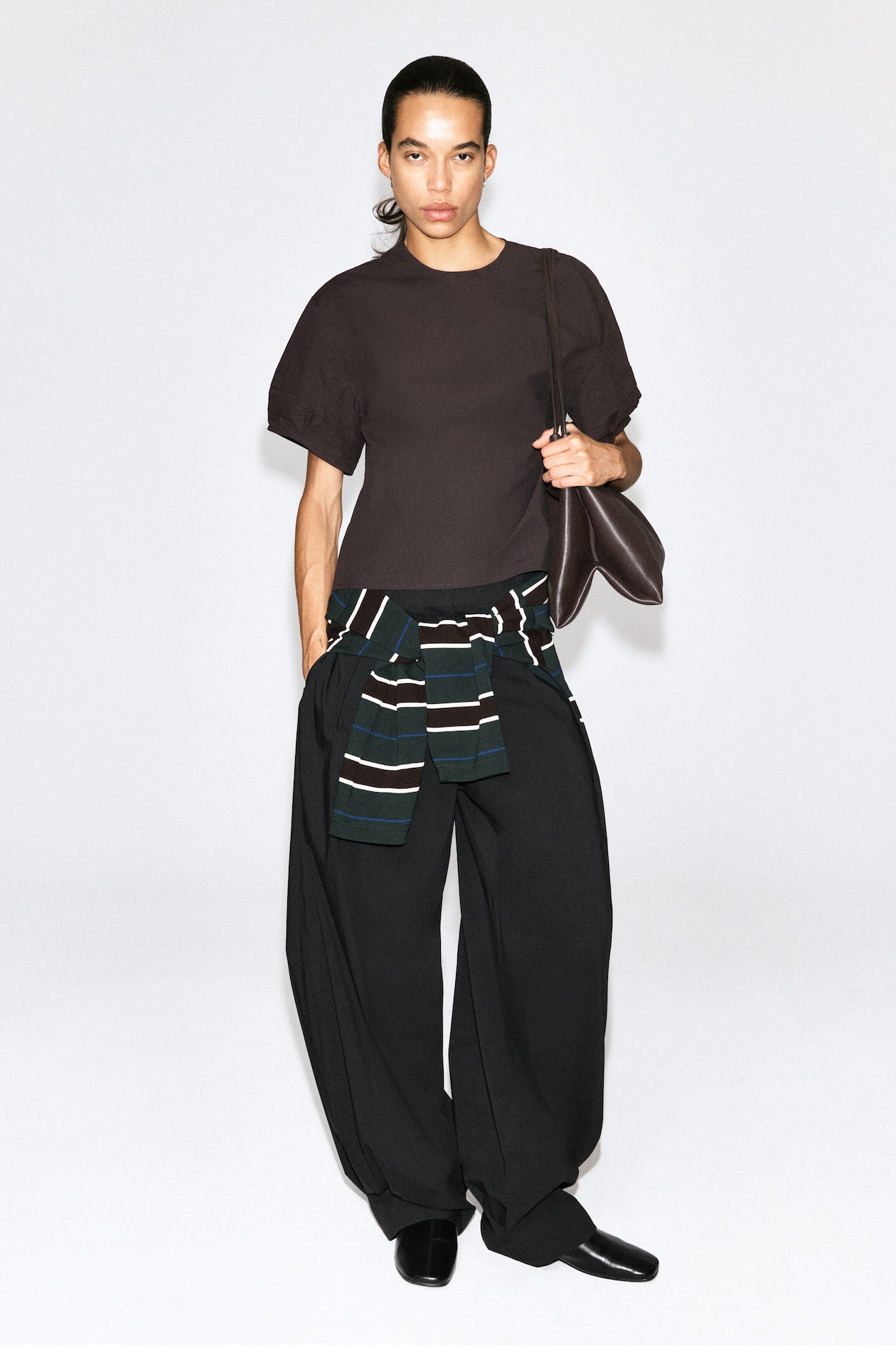 PINTUCKED COTTON BLOUSE — BROWN