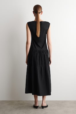 TIERED GATHERED MIDI DRESS — BLACK 3