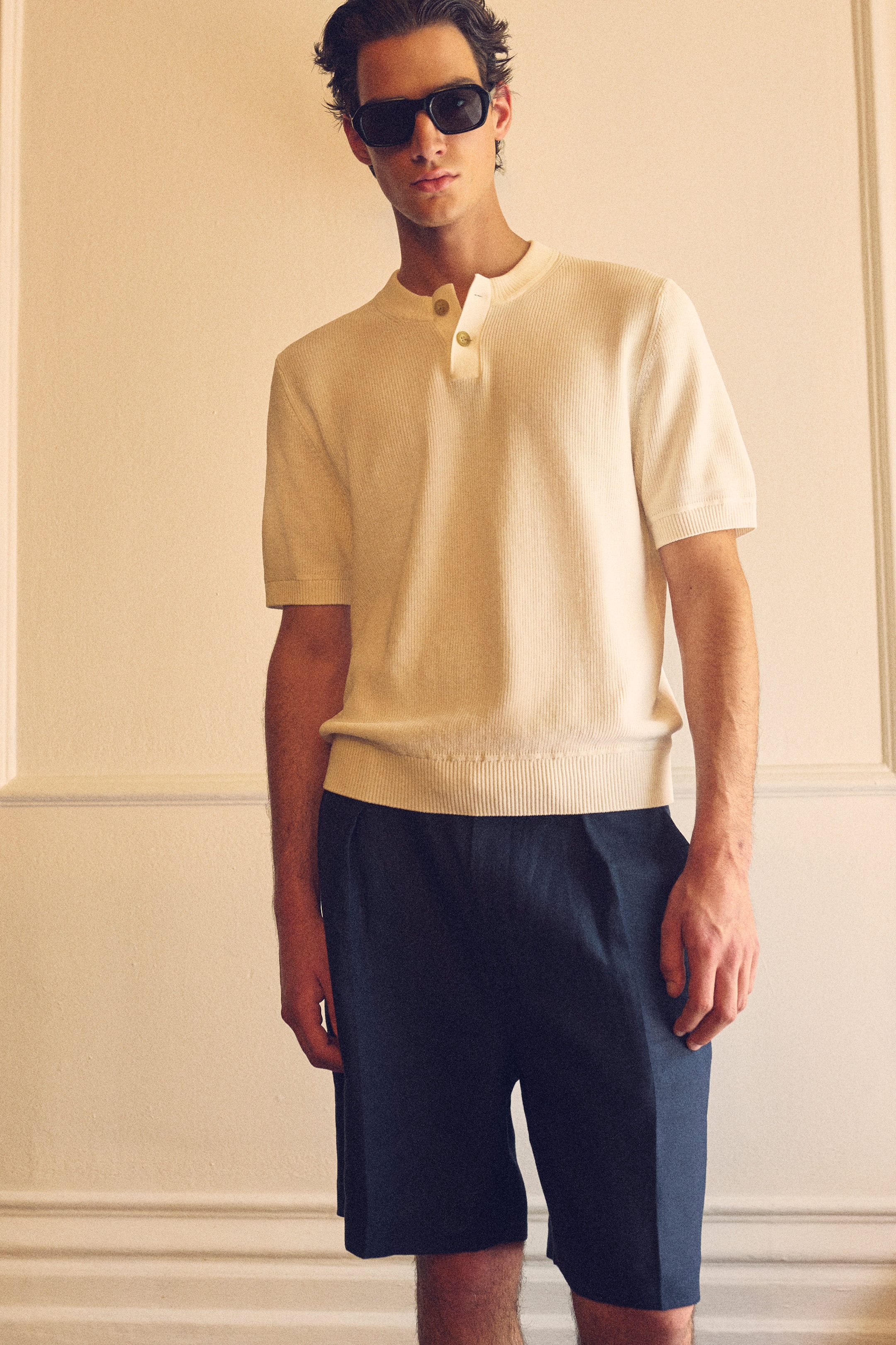 KNITTED COTTON HENLEY T-SHIRT