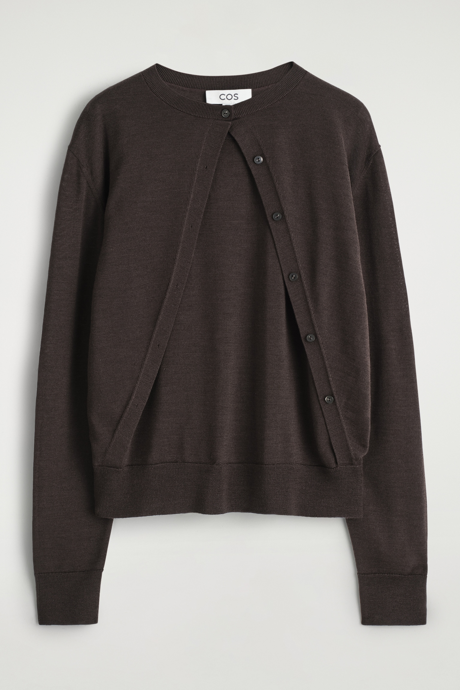 CARDIGAN IN LANA MERINO EFFETTO SOVRAPPOSTO - MARRONE SCURO - 2