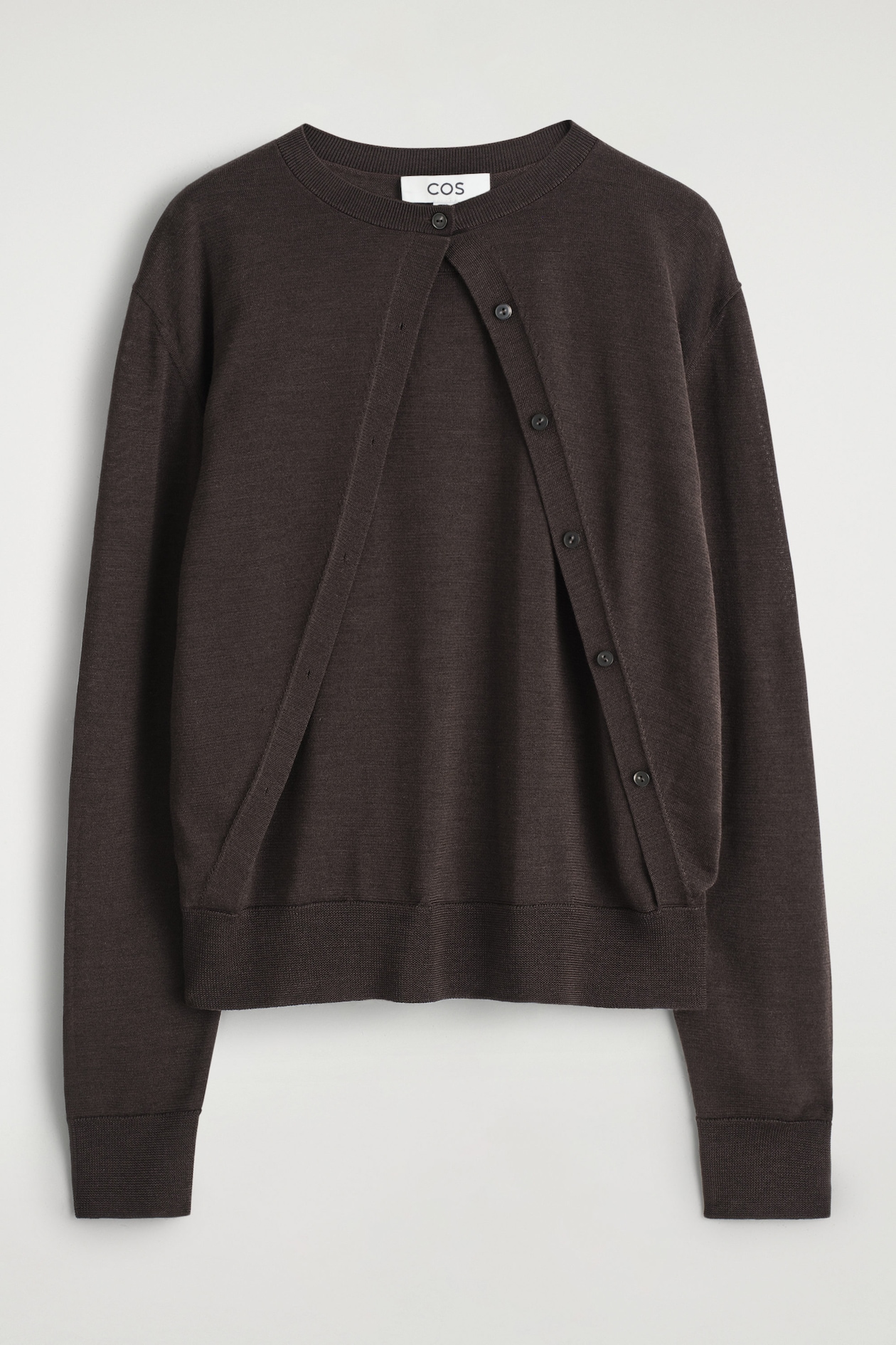 LAYERED MERINO WOOL CARDIGAN — DARK BROWN