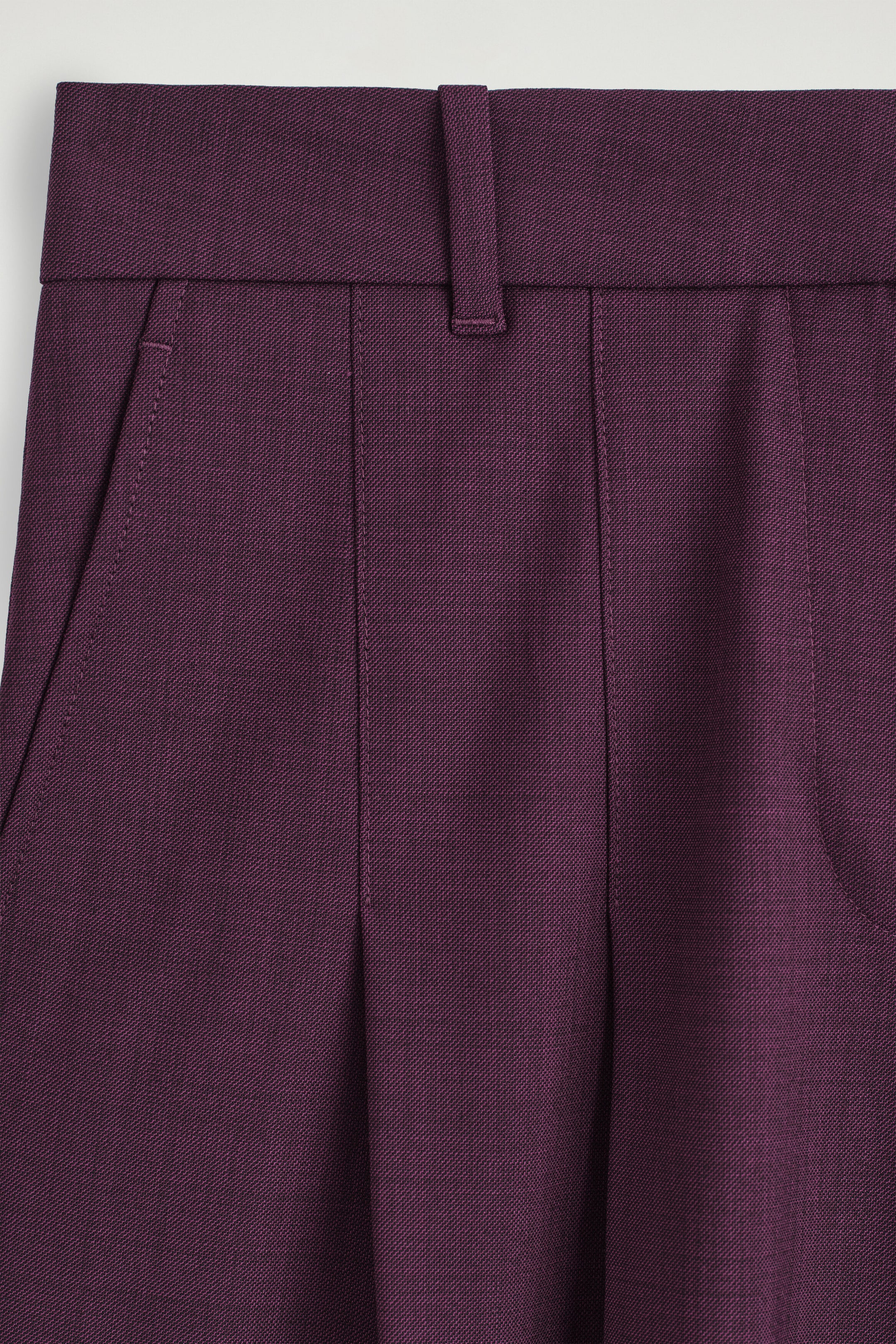 I pantaloni ampi in misto lana con pieghe sono mostrati in una vista frontale ravvicinata, mettendo in risalto il tessuto testurizzato color viola intenso, la cintura strutturata con un singolo passante per cintura e una tasca laterale obliqua. Le pieghe sartoriali si estendono verso il basso dalla vita per definire la vestibilità strutturata. I pantaloni ampi in misto lana con pieghe sono mostrati in una vista frontale ravvicinata, mettendo in risalto il tessuto testurizzato color viola intenso, la cintura strutturata con un singolo passante per cintura e una tasca laterale obliqua. Le pieghe sartoriali si estendono verso il basso dalla vita per definire la vestibilità strutturata.