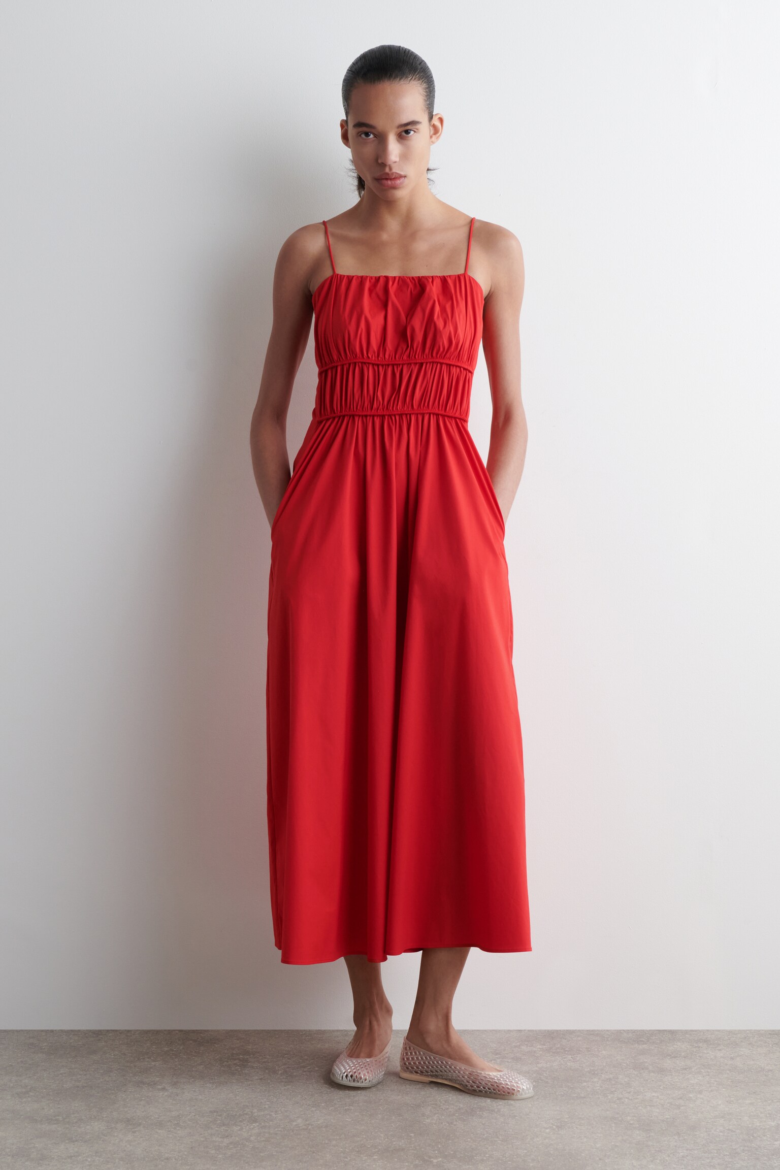 GATHERED COTTON MIDI DRESS - RED/PINK/BLACK