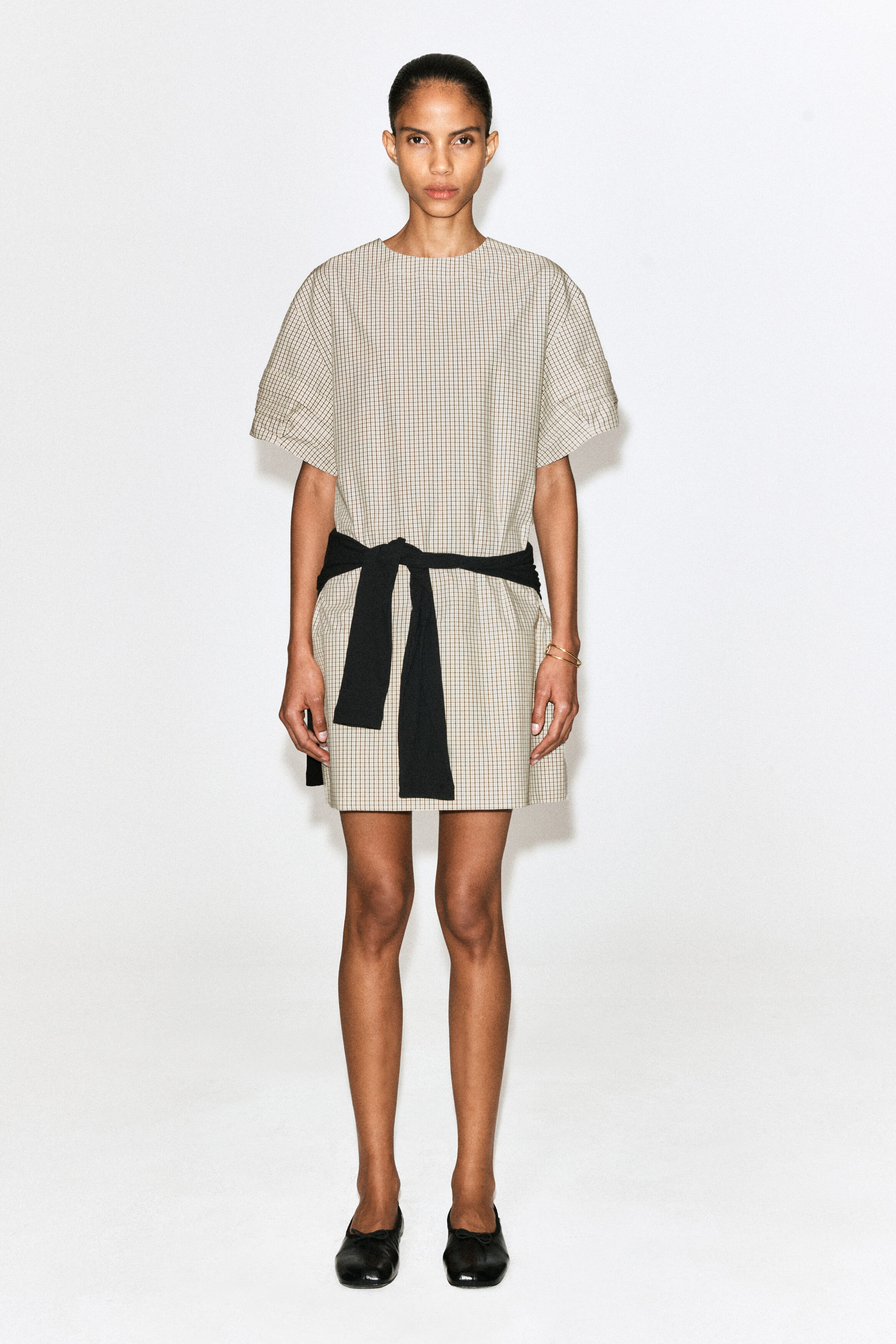 cos pintucked cotton mini dress PINTUCKED COTTON MINI DRESS - BEIGE / CHECKED