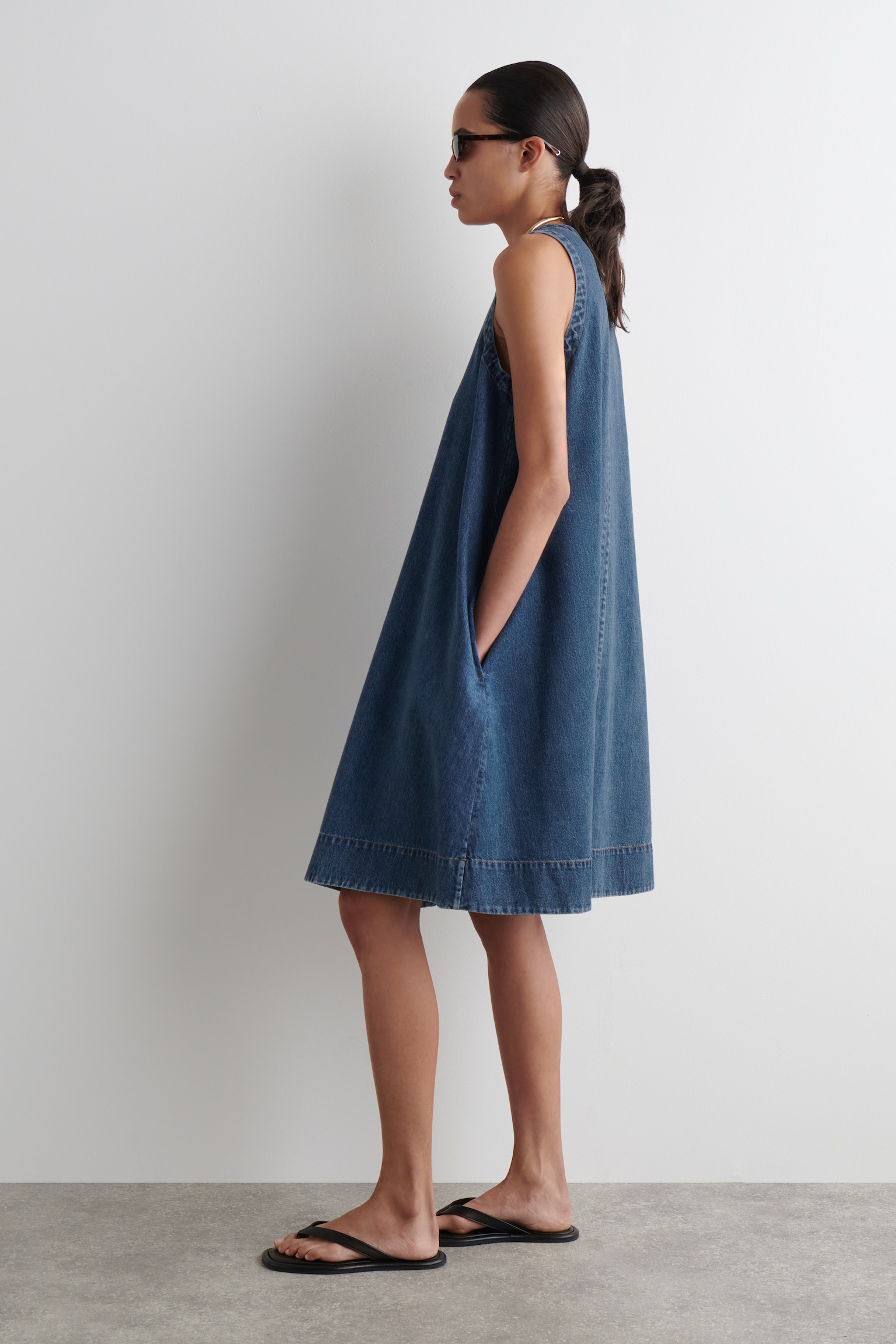 DENIM A-LINE MINI DRESS - BLUE - 4