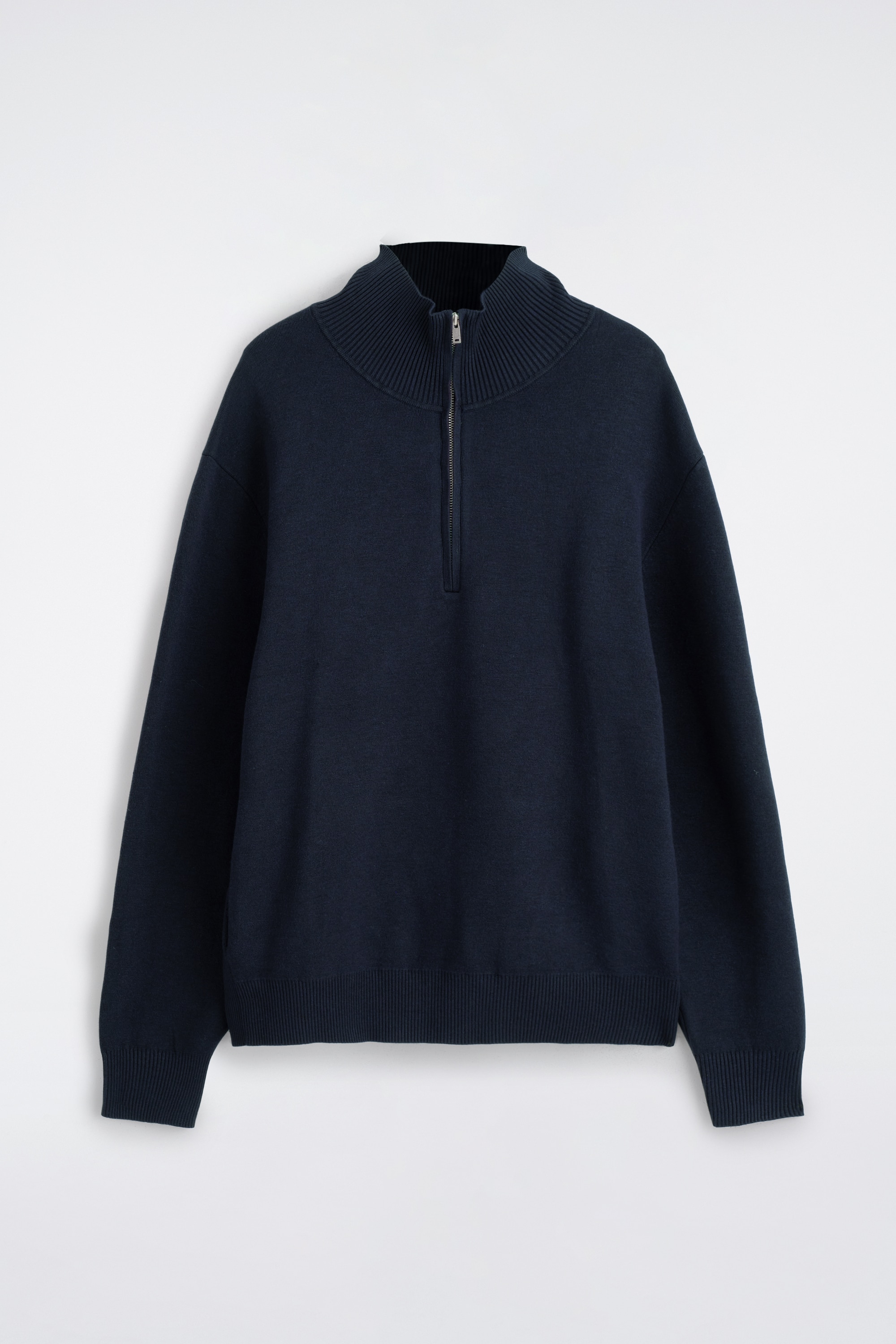 PULL DEMI-ZIPPÉ EN MAILLE DOUBLE FACE - BLEU MARINE/BLANC
