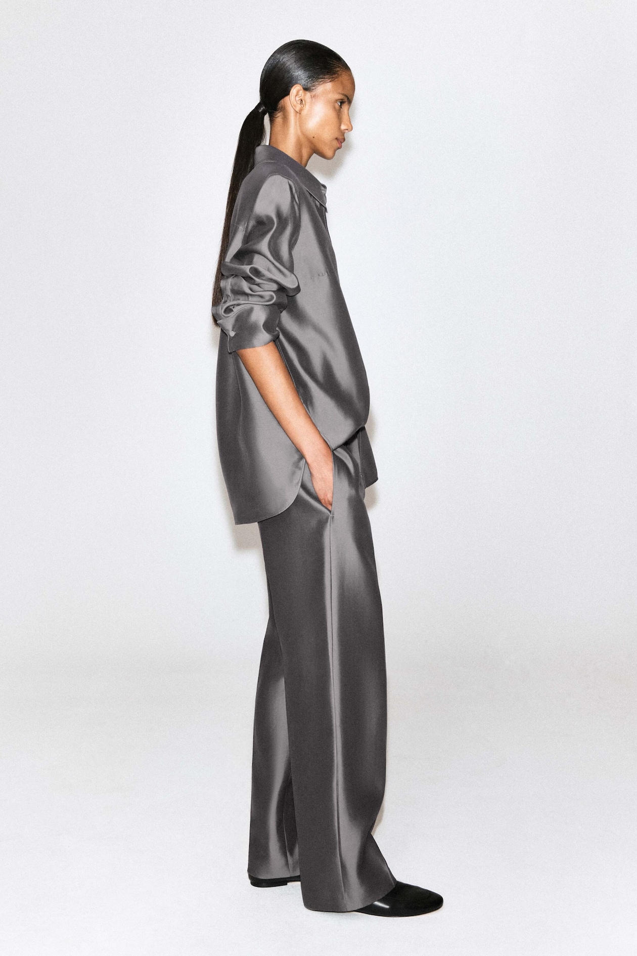 TAILORED SILK STRAIGHT-LEG PANTS — PEWTER